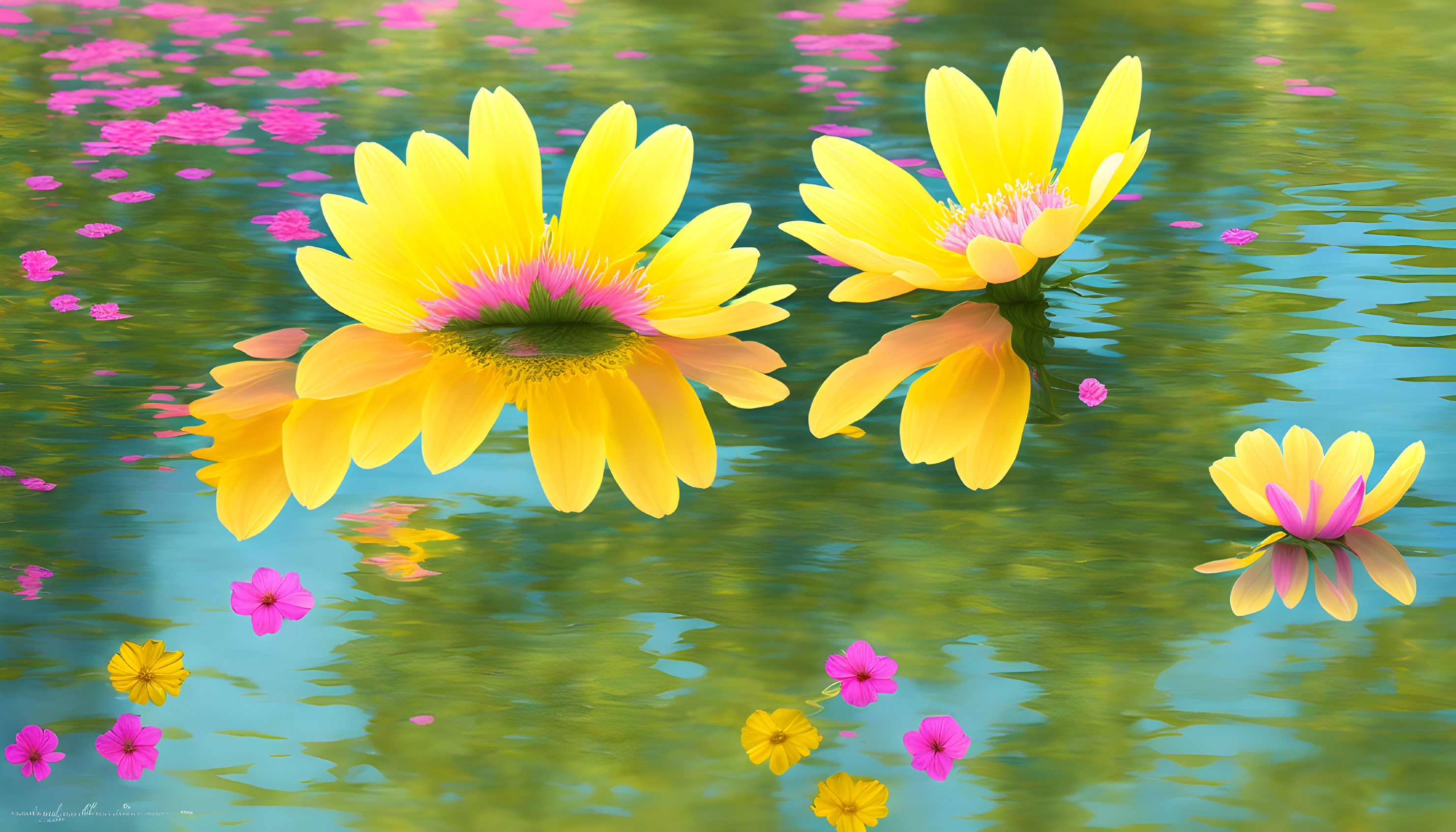 Vibrant yellow and pink daisies on blue water with green reflections