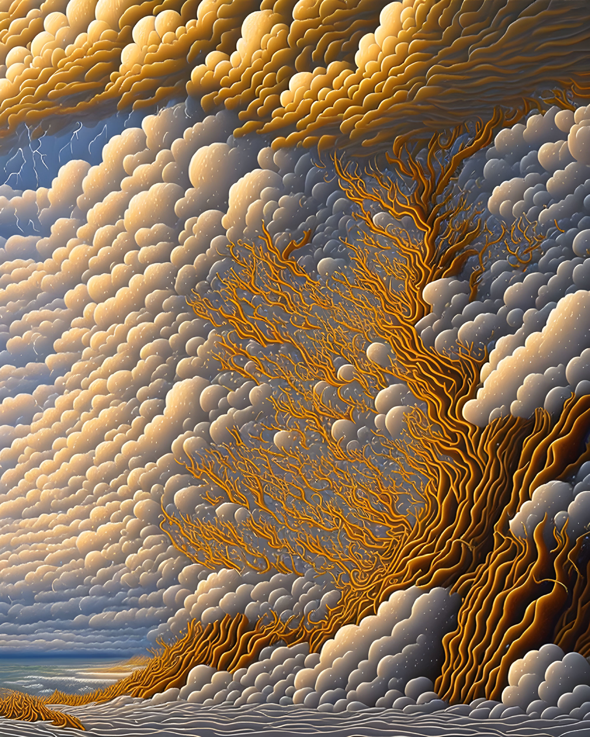 Surreal landscape with golden lightning tree and layered clouds