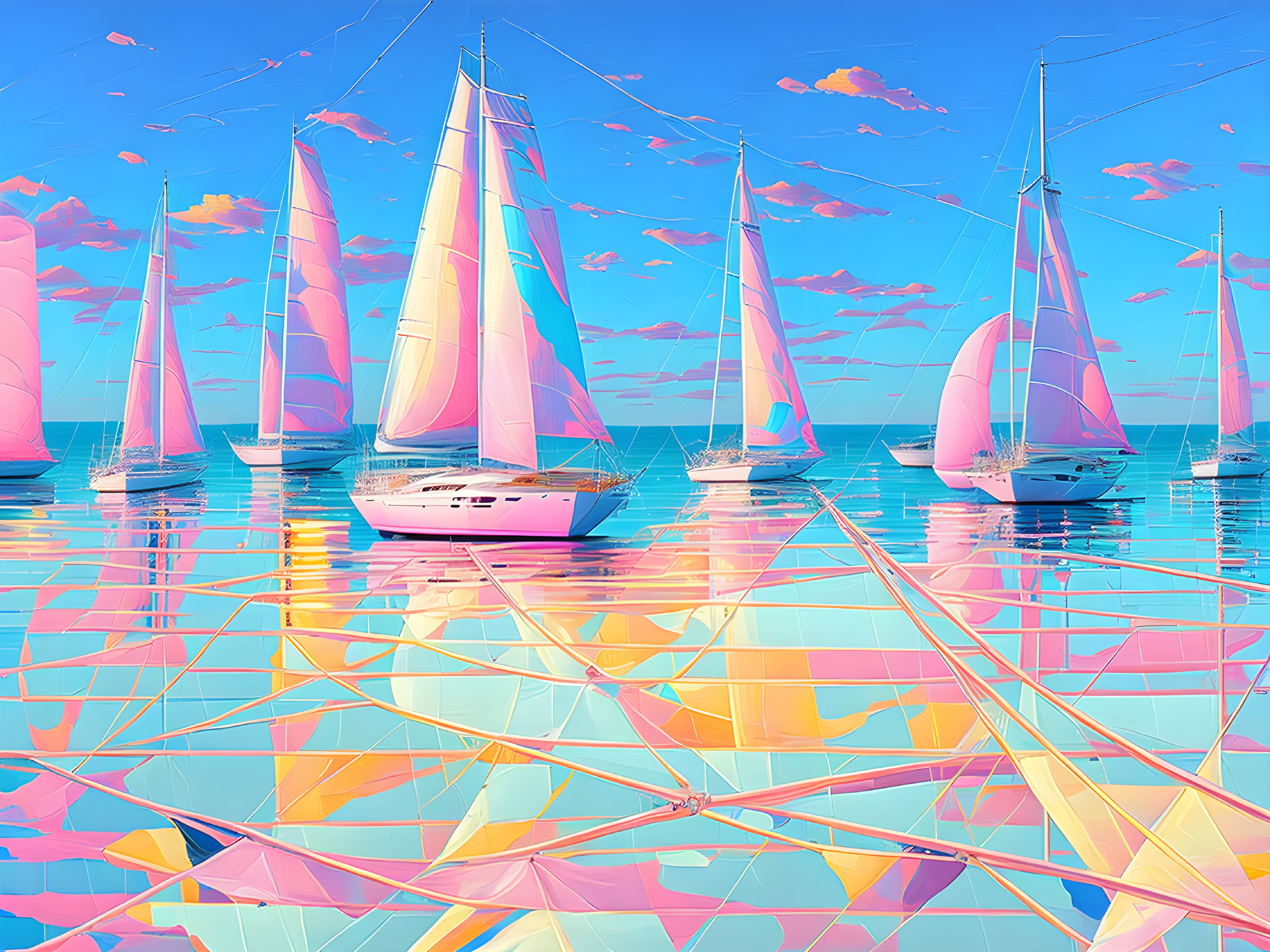 White sailboats on geometric sea under pink and blue sky