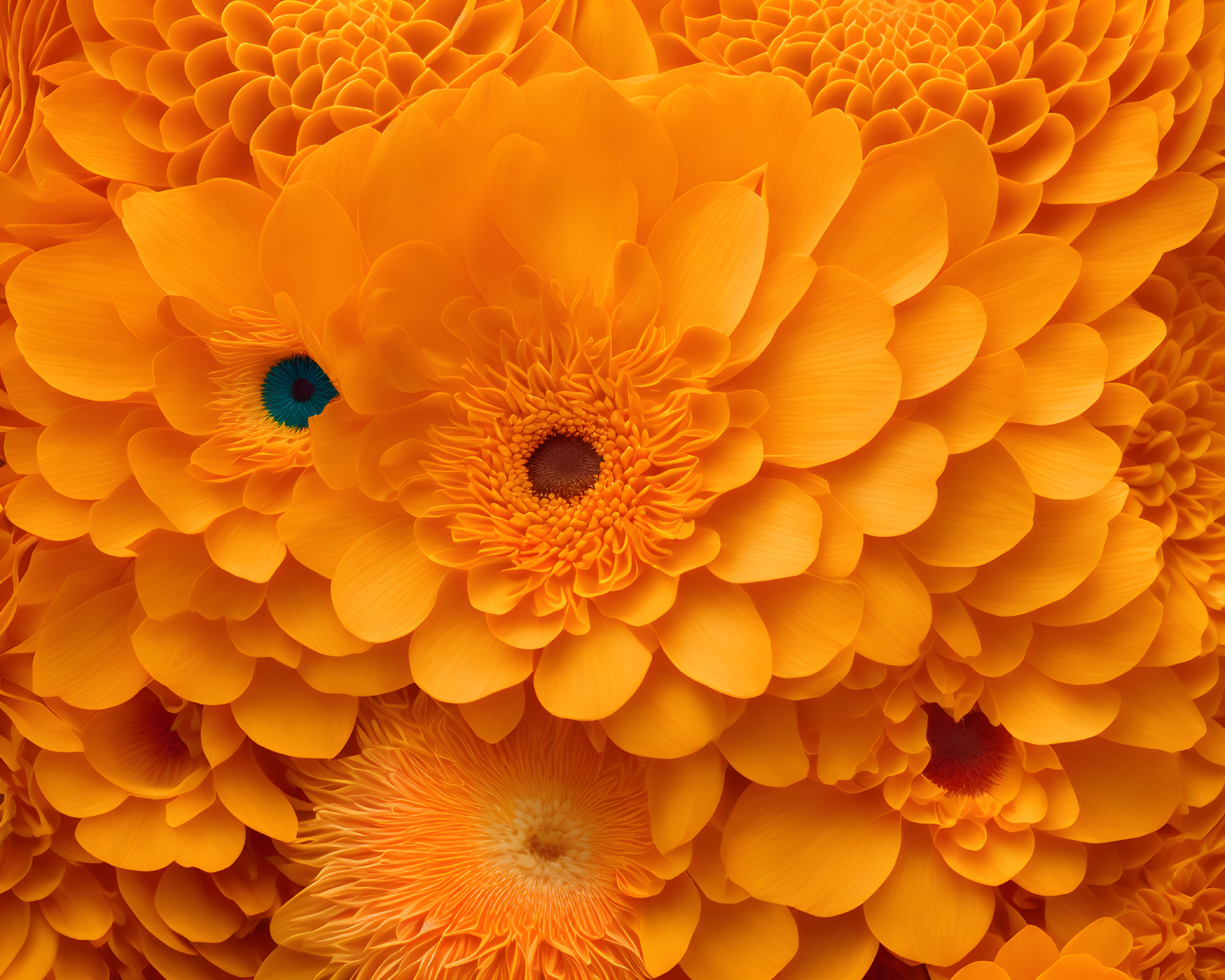 Vibrant close-up of orange flowers with overlapping petals and colorful centers