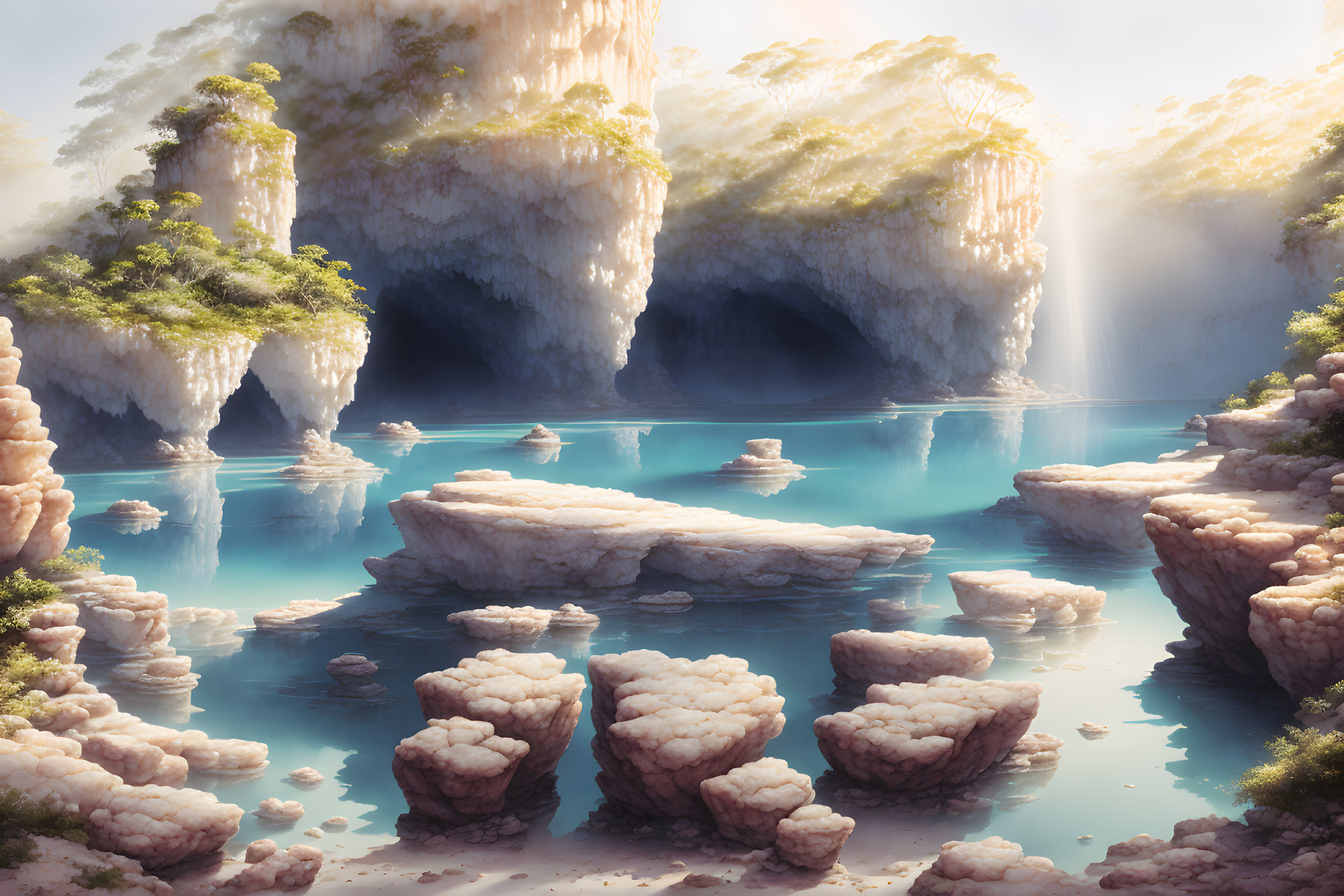 Tranquil landscape with cliffs, greenery, waters, and cave entrances