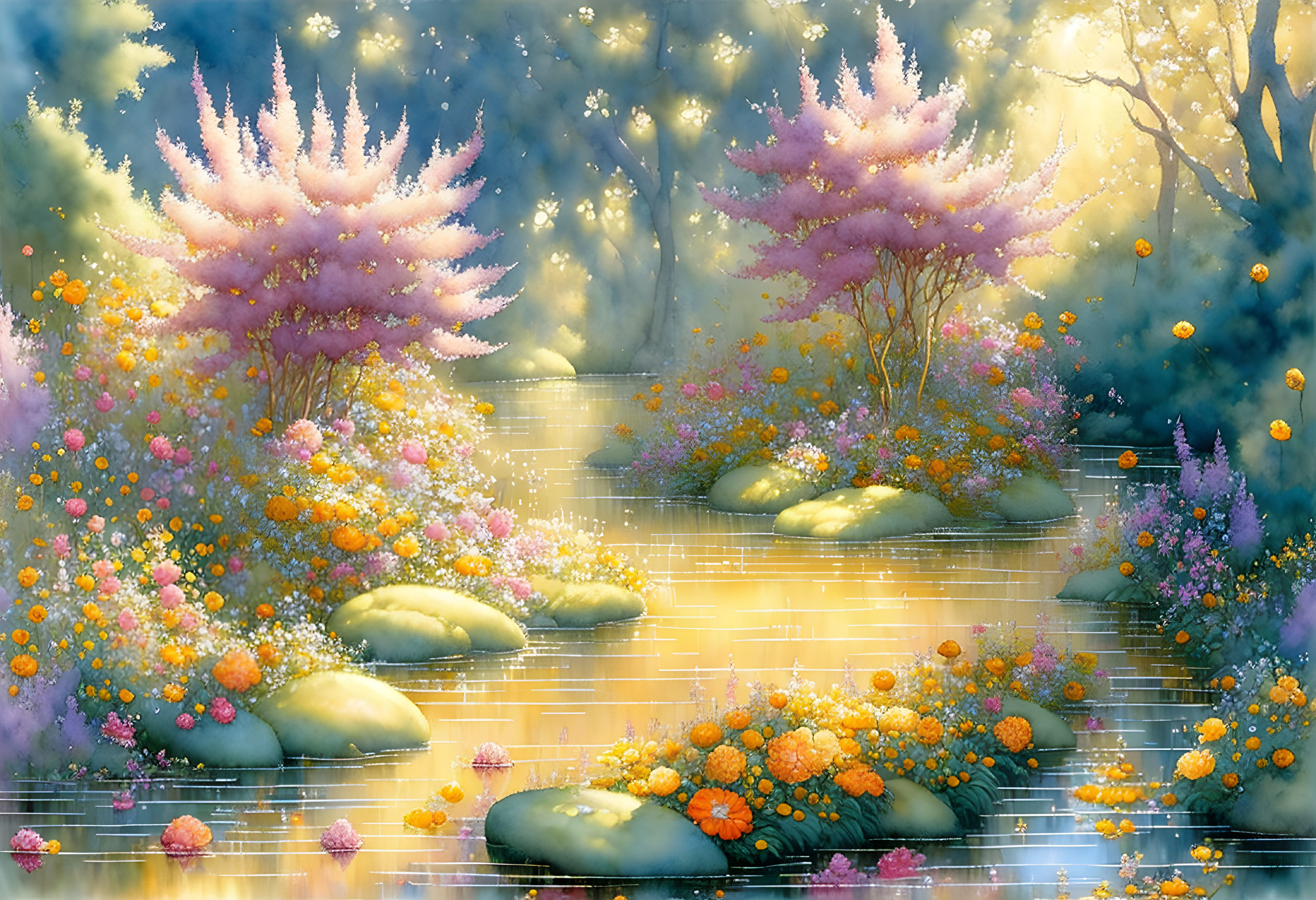 Pink Blossoming Trees and Shimmering Water in Golden Light