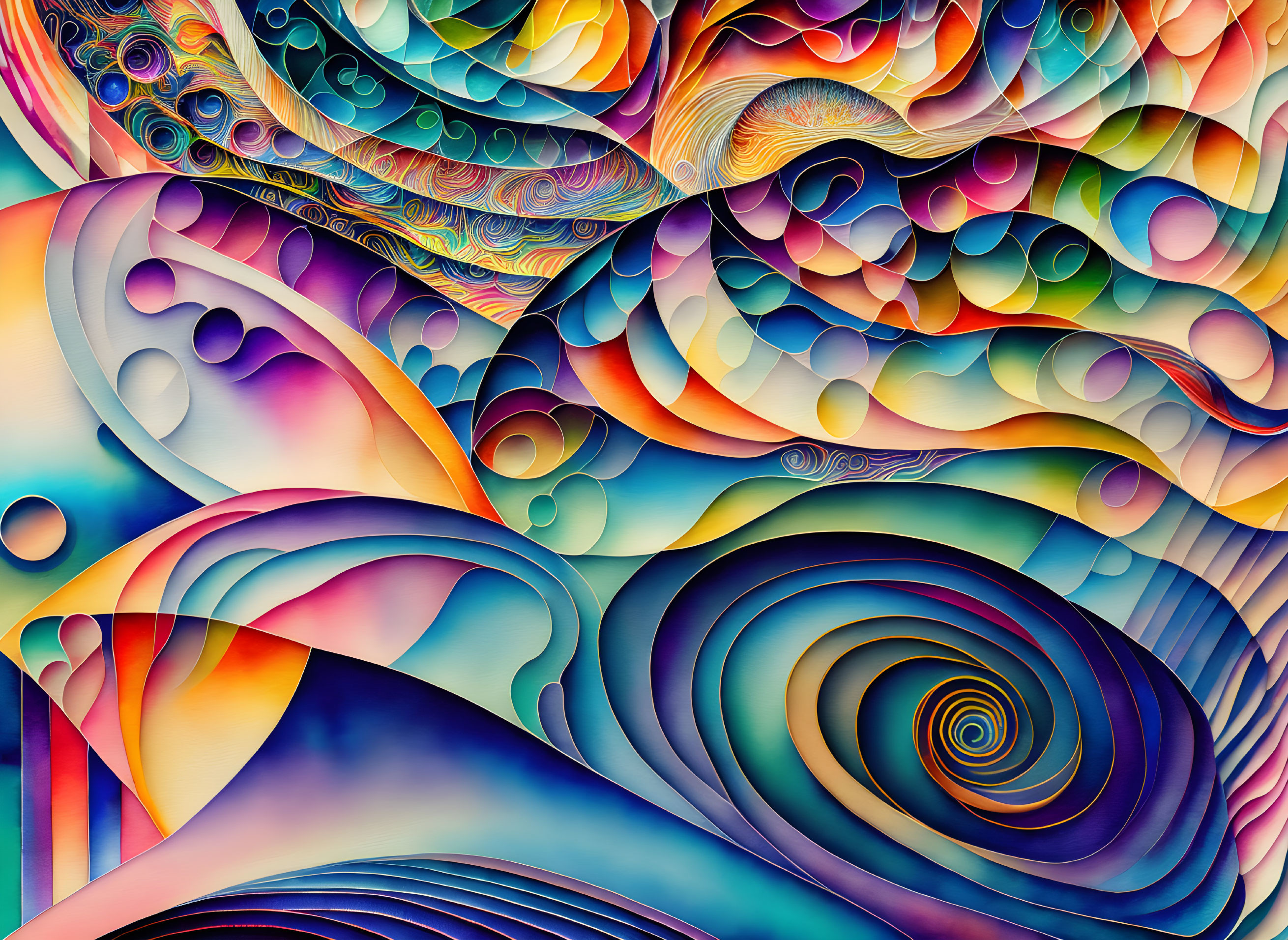 Colorful abstract art with swirling patterns and geometric shapes in layers.