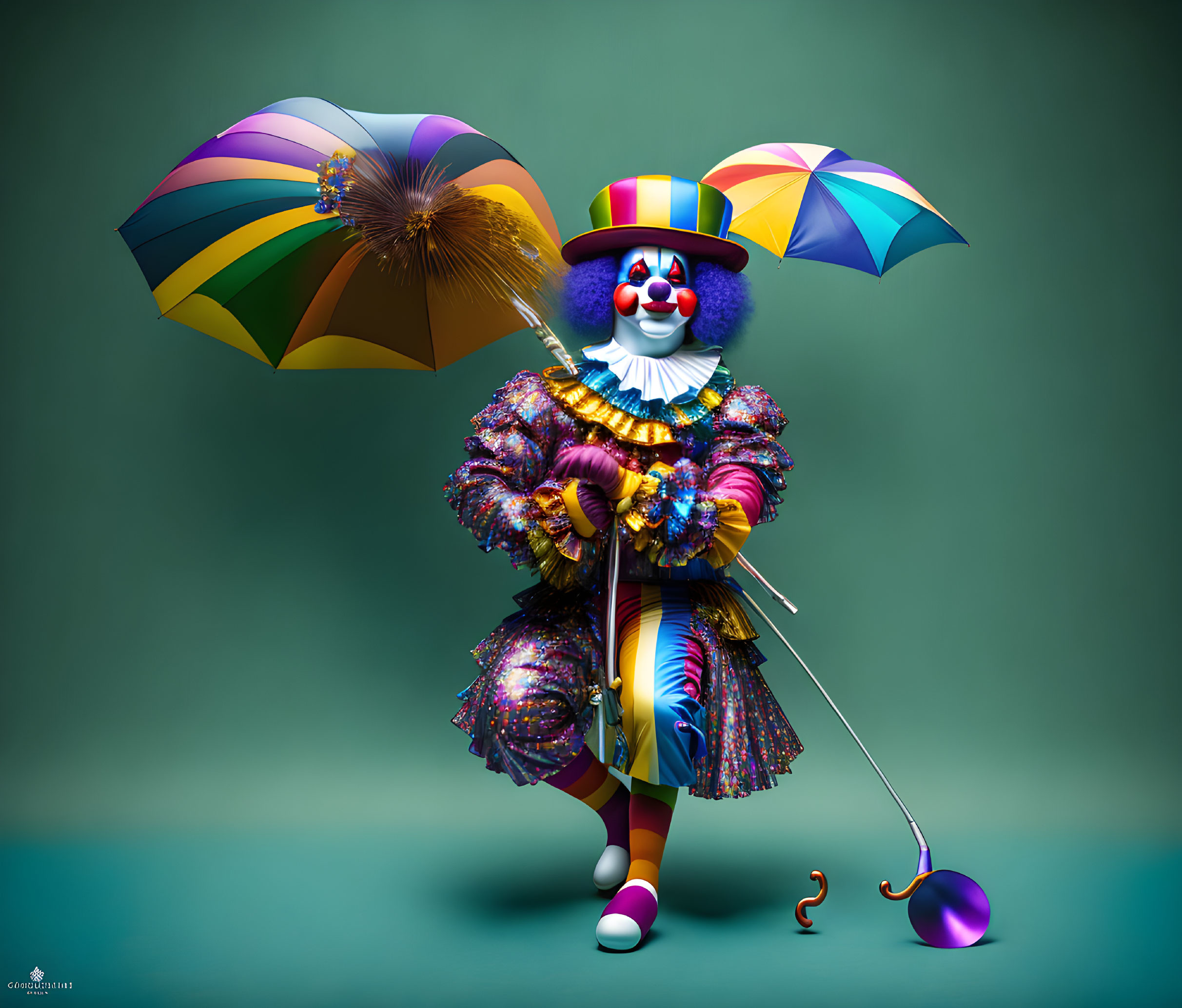 Colorful Clown with Umbrellas in Vibrant Outfit Against Teal Background