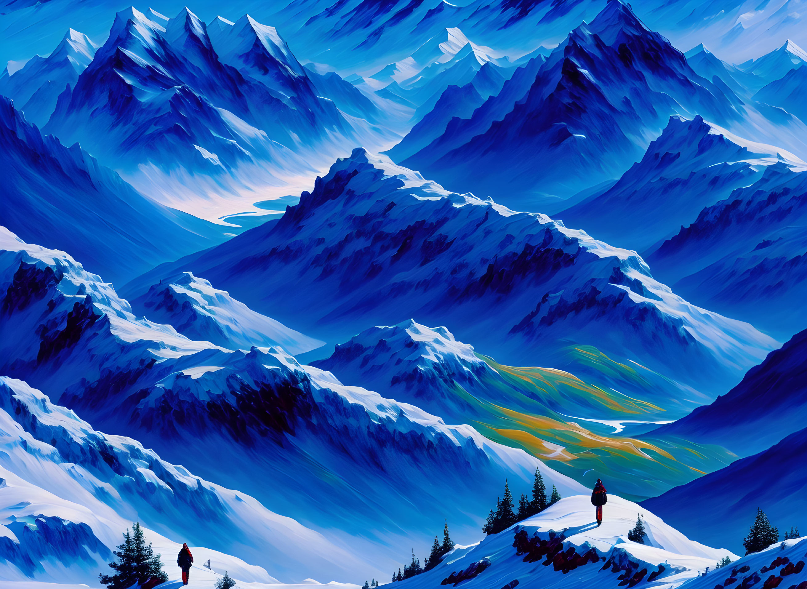 Colorful illustration: Two figures in snowy mountains under blue sky