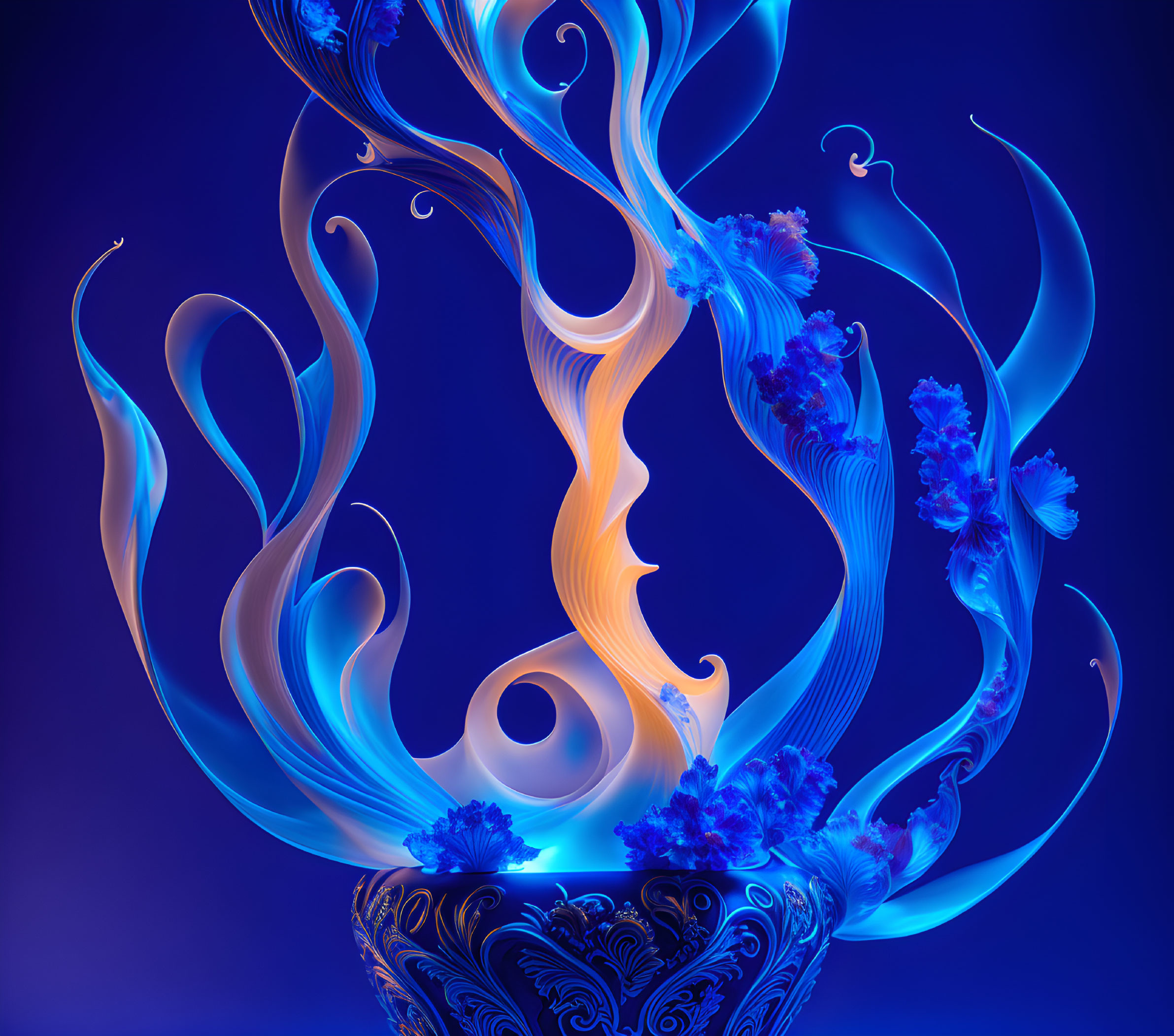 Ornate Bowl Digital Artwork with Blue and Orange Swirling Patterns