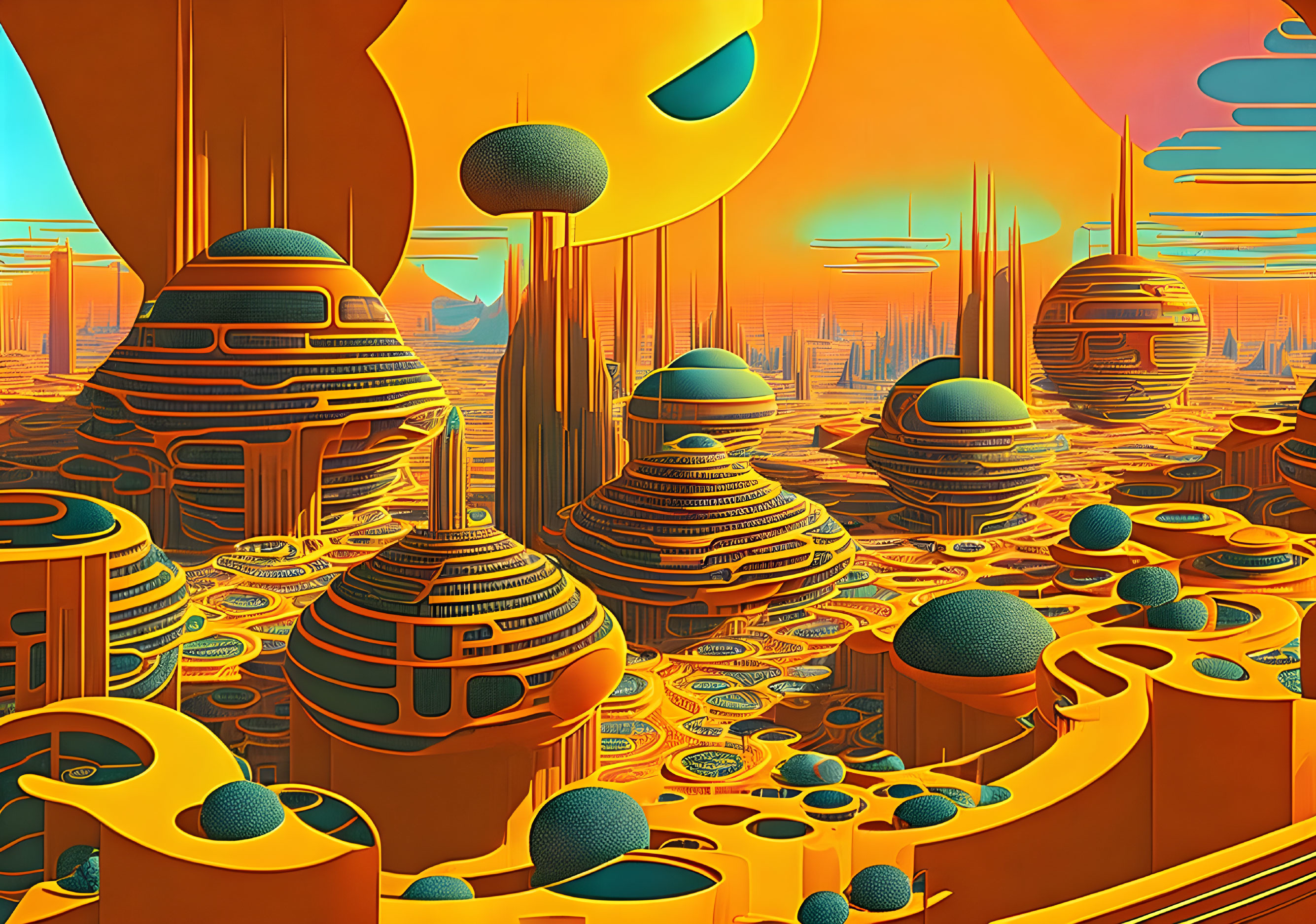 Futuristic cityscape with spherical buildings and orange-yellow palette