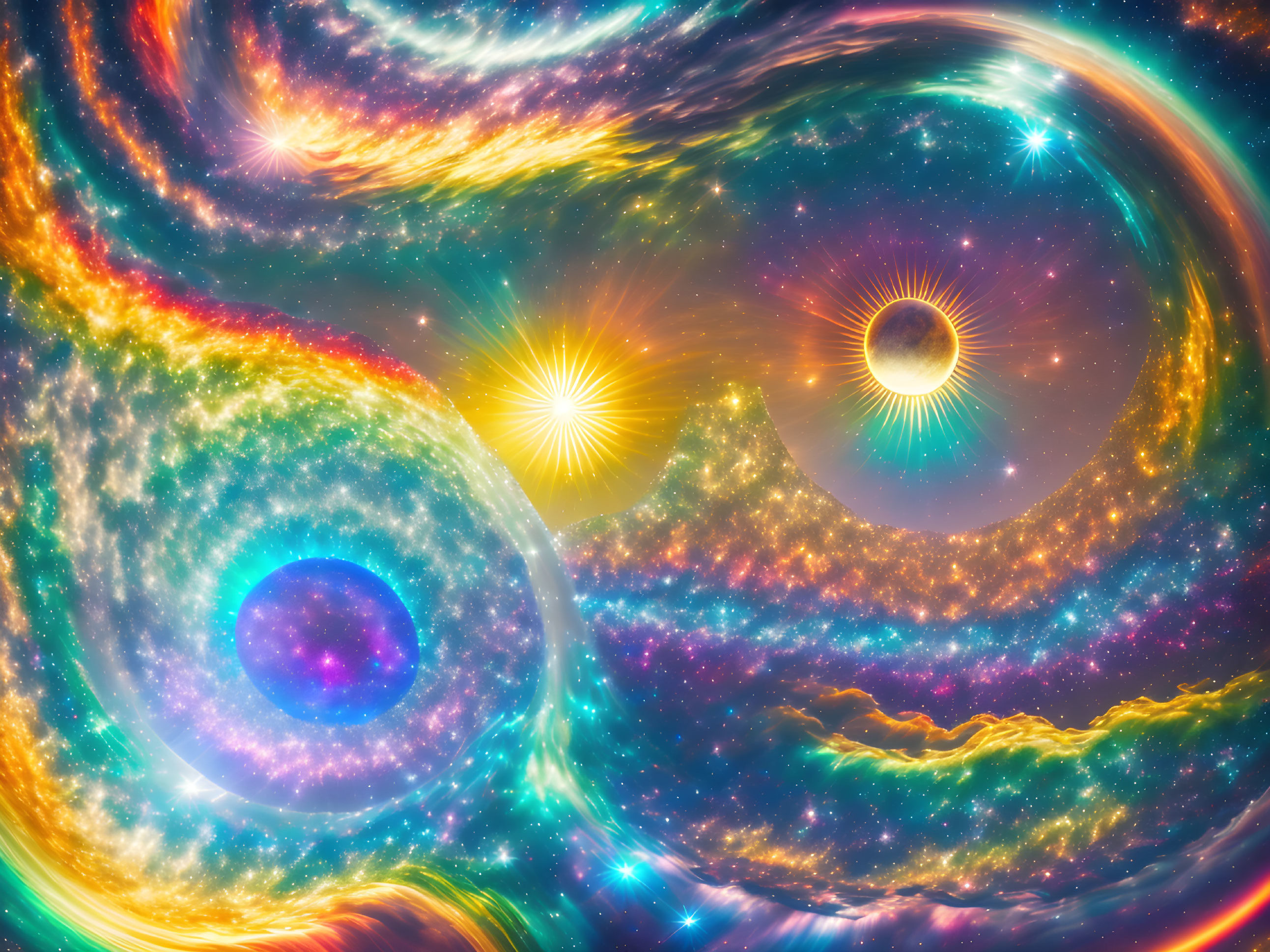 Colorful cosmic digital artwork: swirling galaxies, radiant stars, and nebulas.