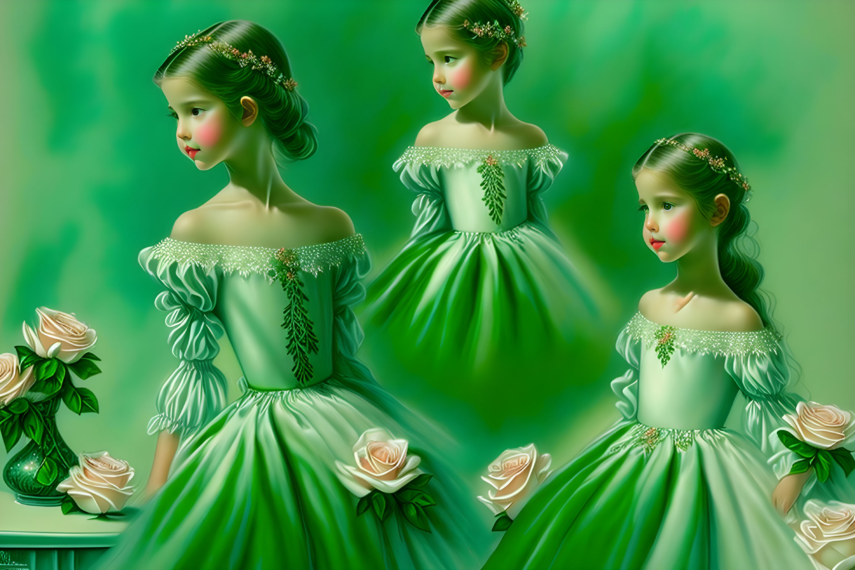 Artistic renditions of girl in green dress with floral accents on green backdrop.