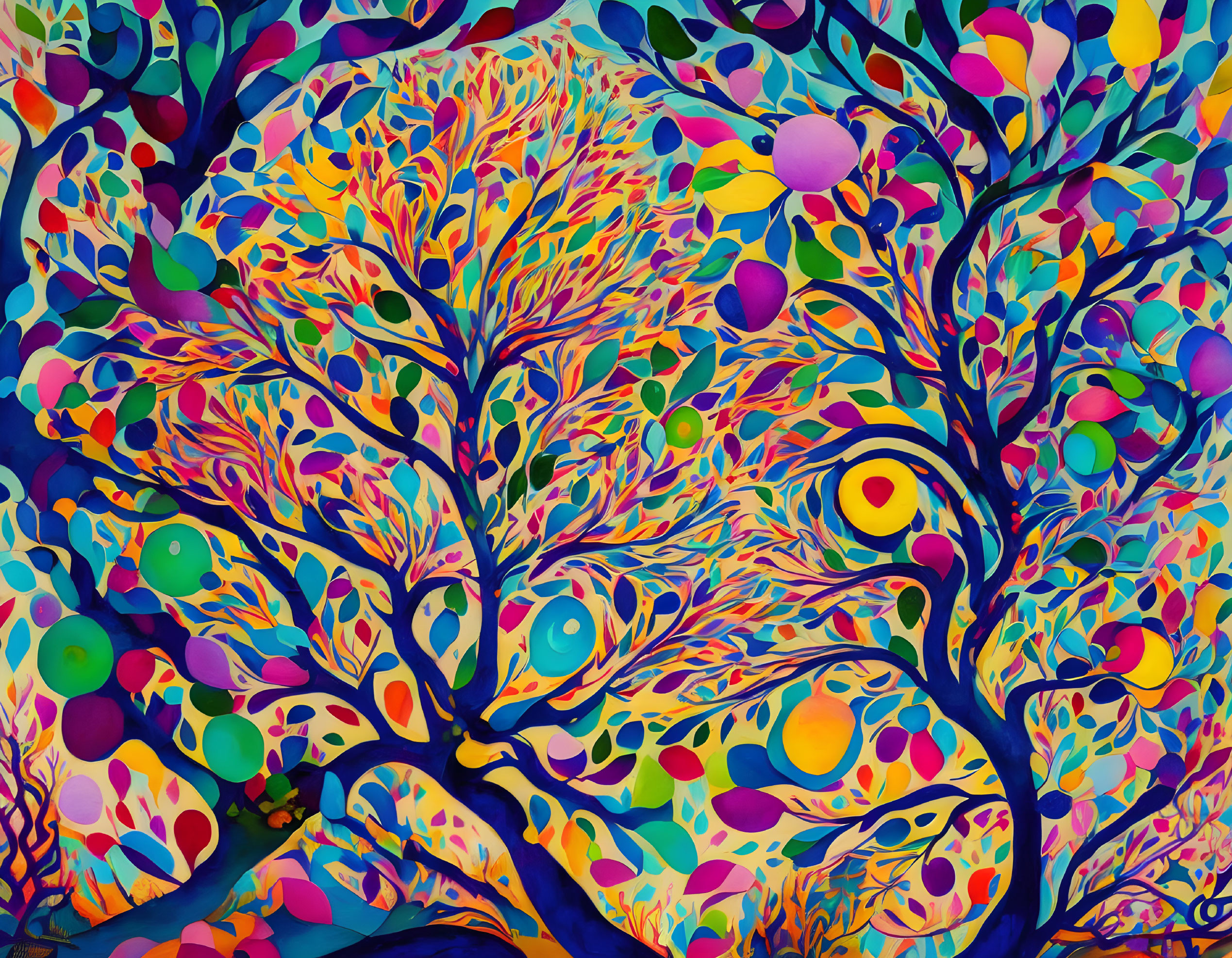 Colorful Abstract Artwork: Tree with Whimsical Branches & Bright Leaves