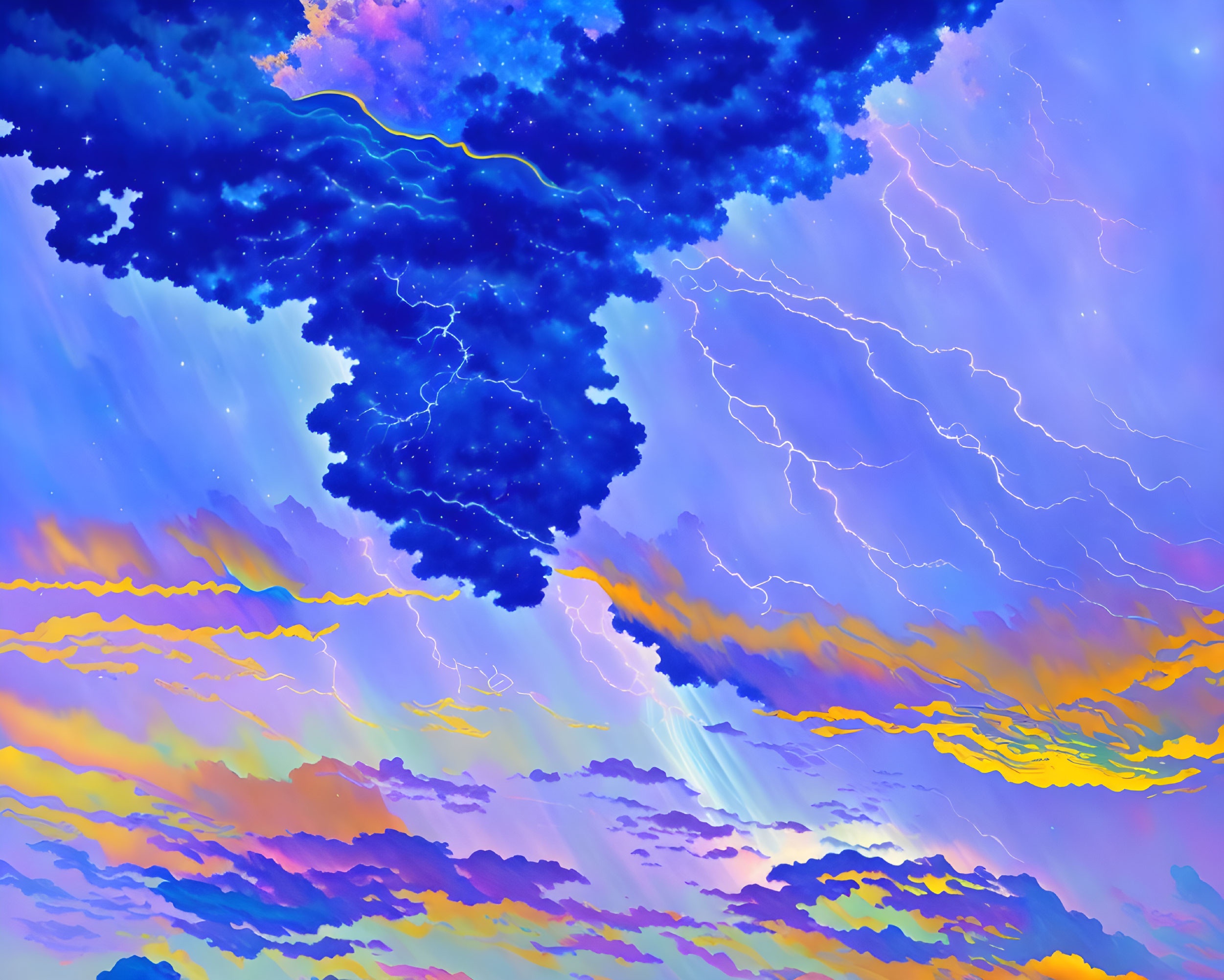 Vivid Digital Artwork: Stormy Sky with Lightning in Blue, Purple, and Orange