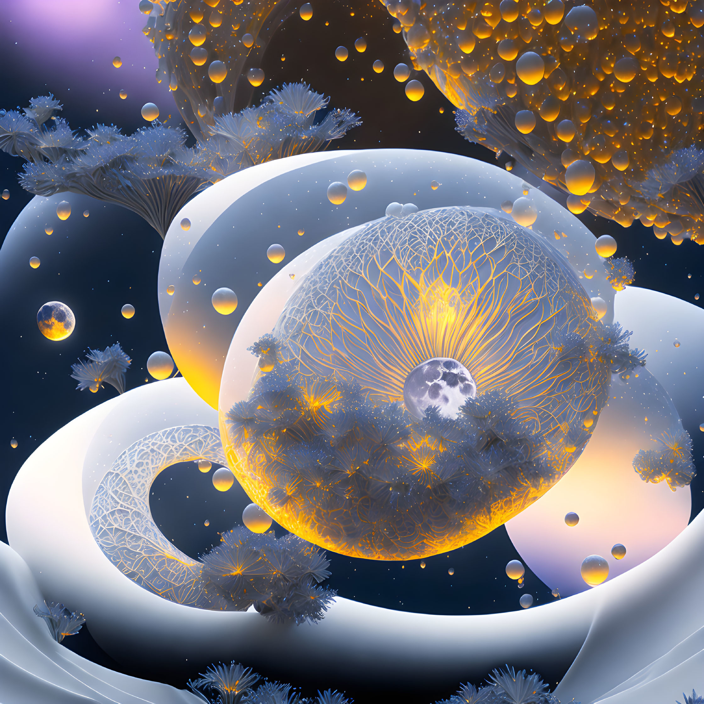 Surreal fractal landscape: glowing orbs, intricate structures, gold and blue palette