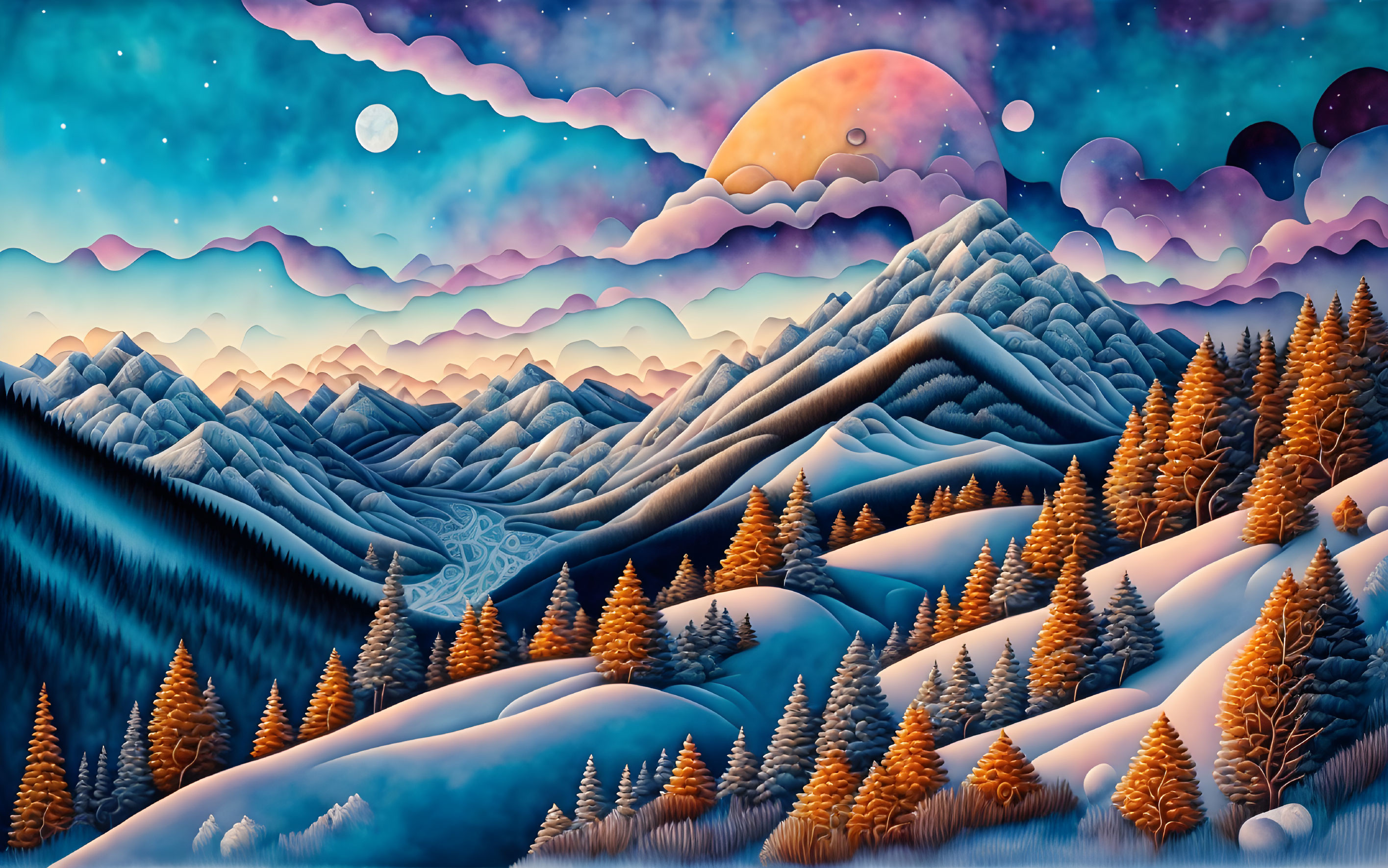 Snowy Mountains, Autumn Trees, Colorful Sky with Moons and Planets