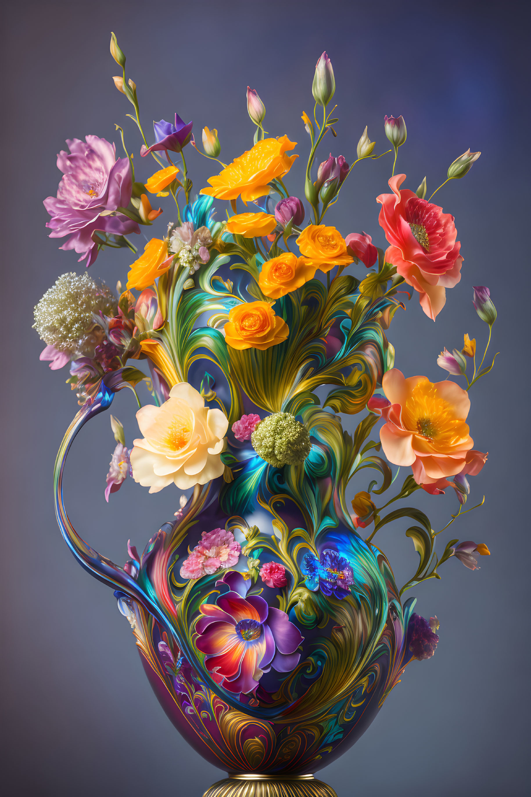 Colorful Ornate Vase with Diverse Flower Bouquet on Blue-Grey Background