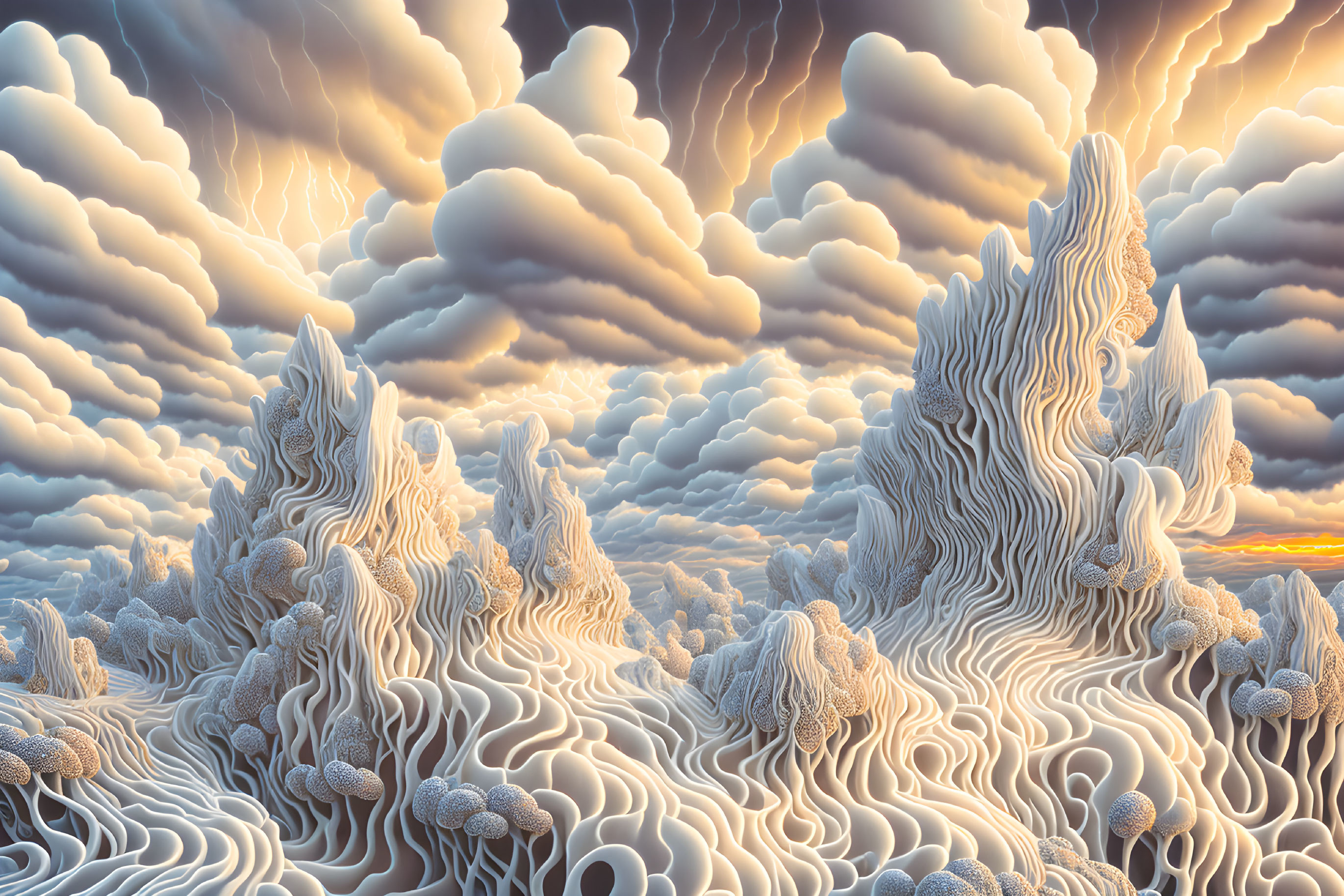 Surreal landscape: undulating clouds, illuminated peaks, golden sunset