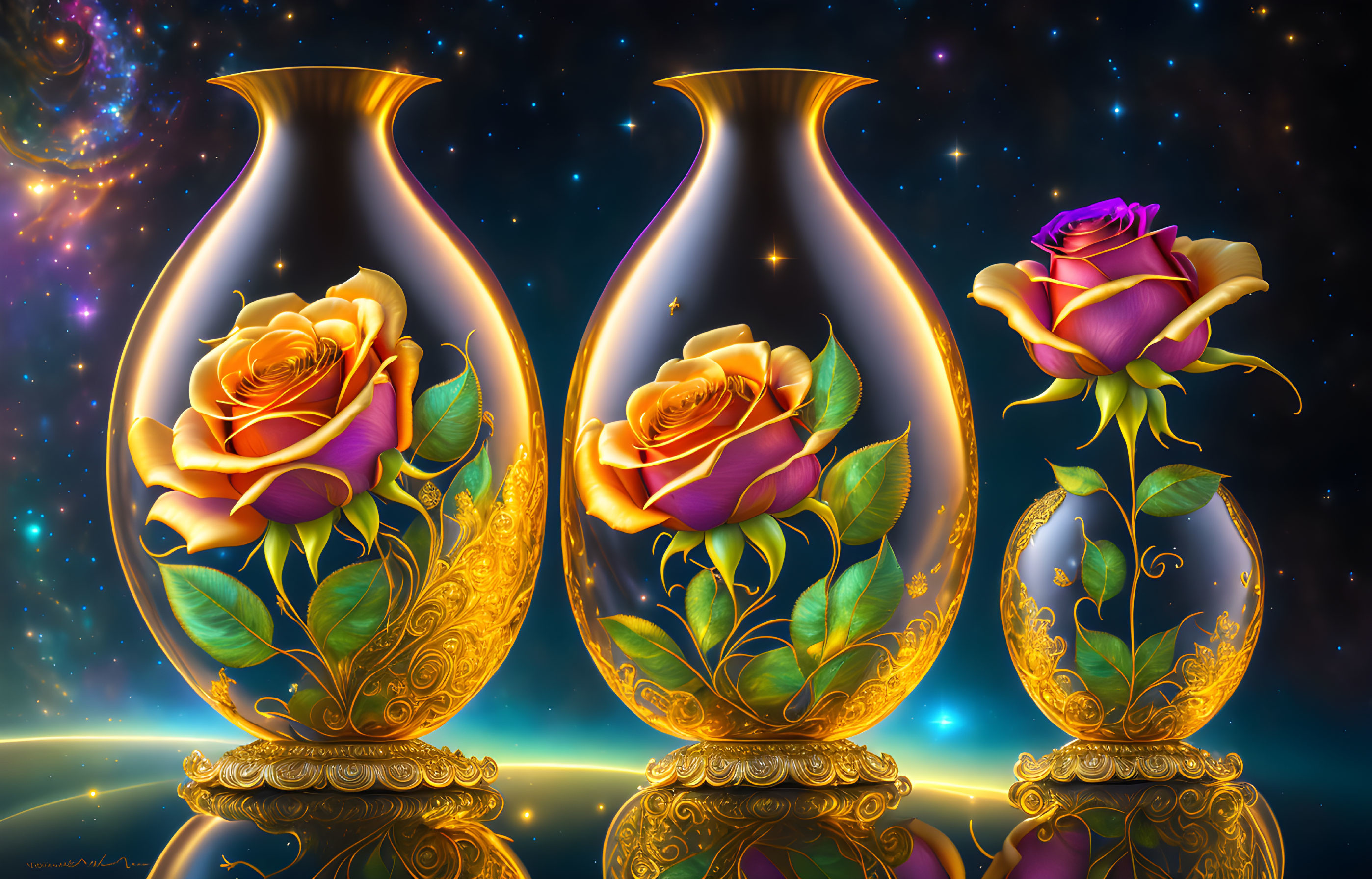 Ornate vases with golden designs and illuminated roses on cosmic background