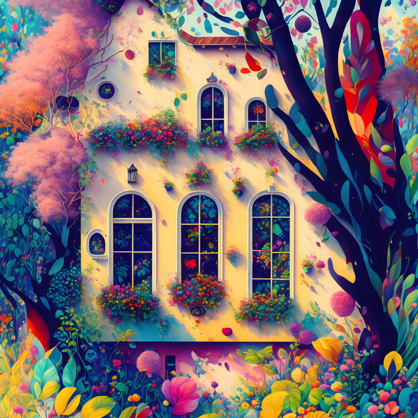 Colorful illustration of a whimsical house surrounded by vibrant trees and flowers