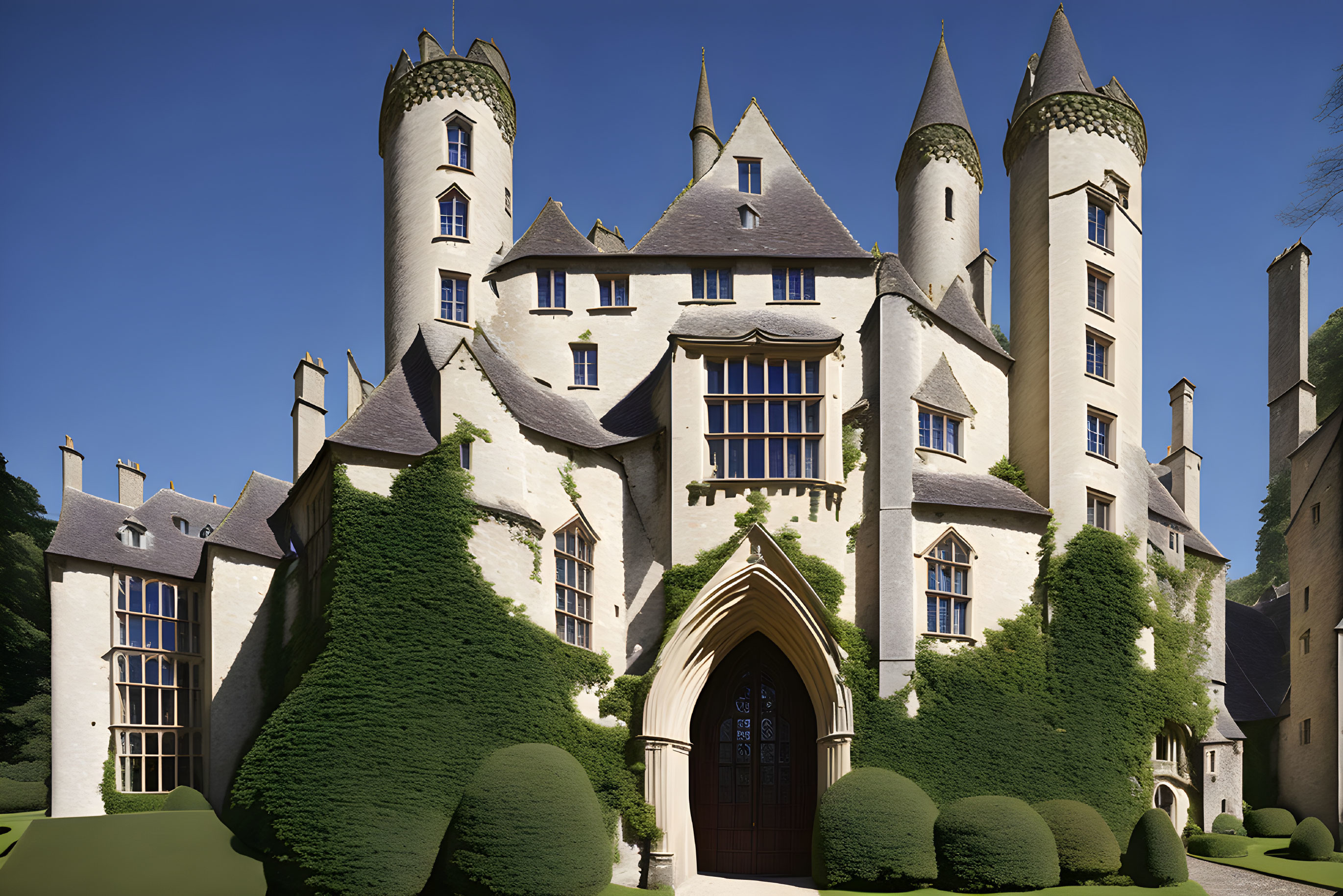 Majestic castle with towers, arched entrance, ivy-covered walls.