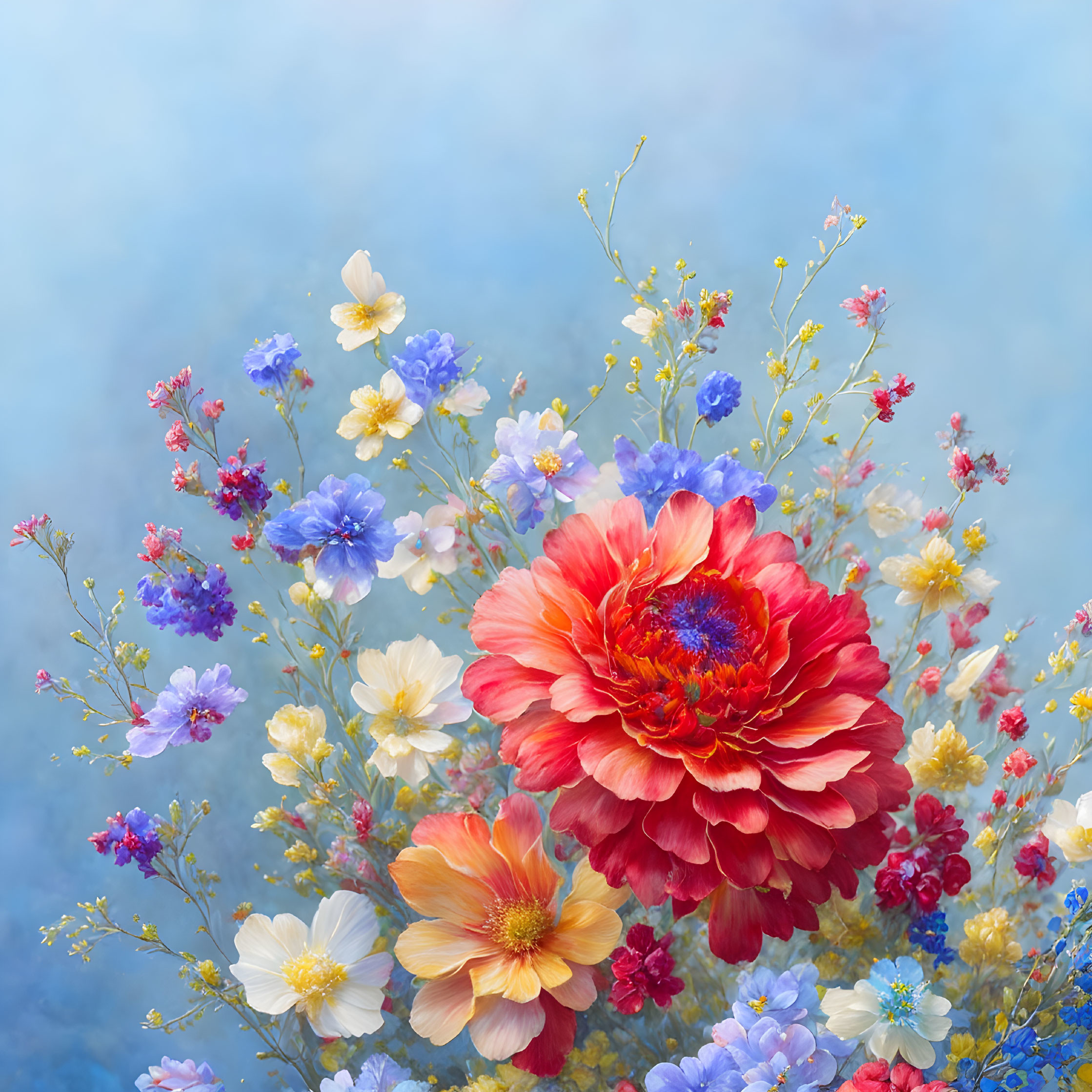 Colorful Mixed Flower Bouquet with Red Peony on Soft Blue Background