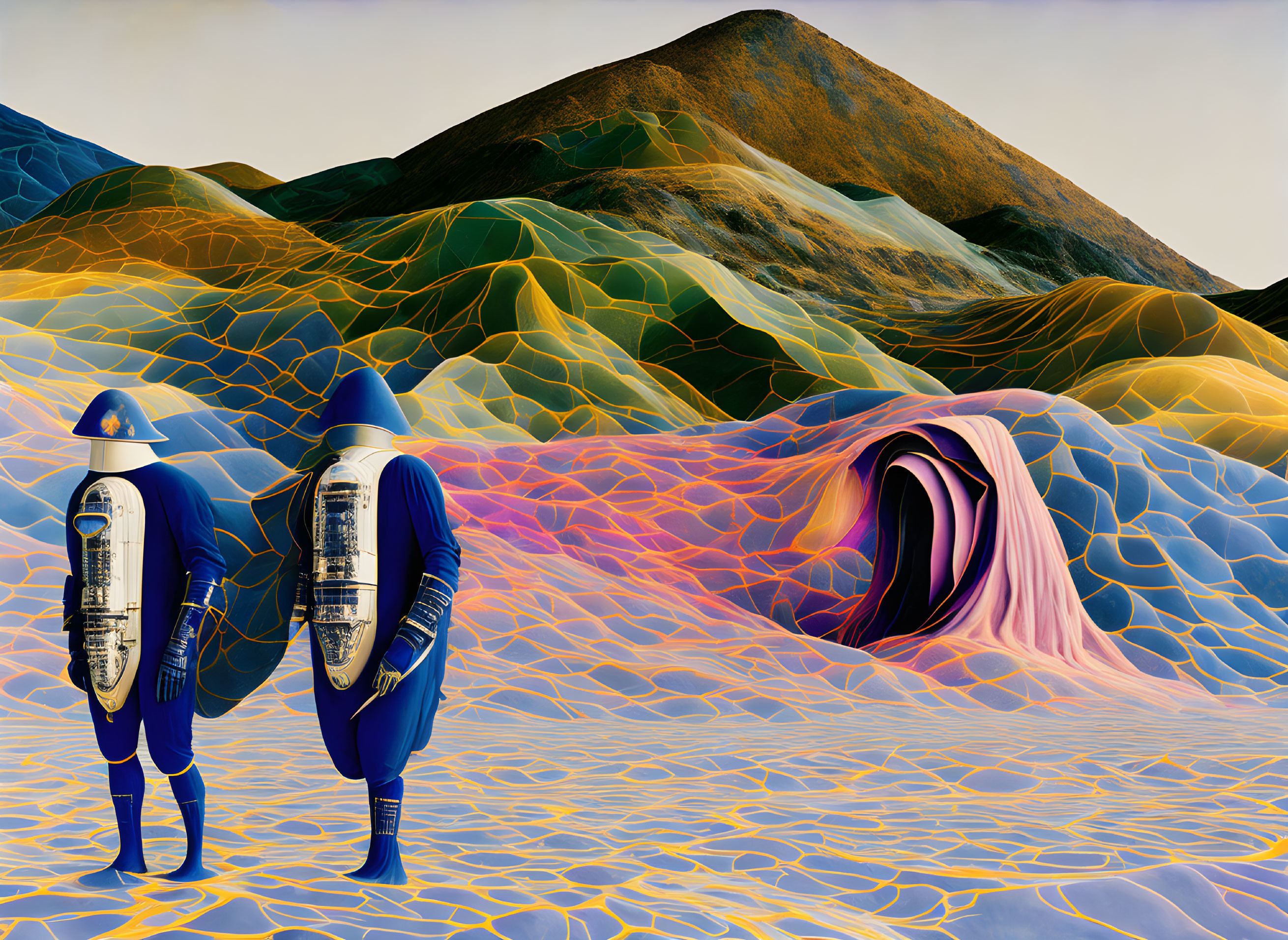 Surreal Landscape with Futuristic Figures and Colors