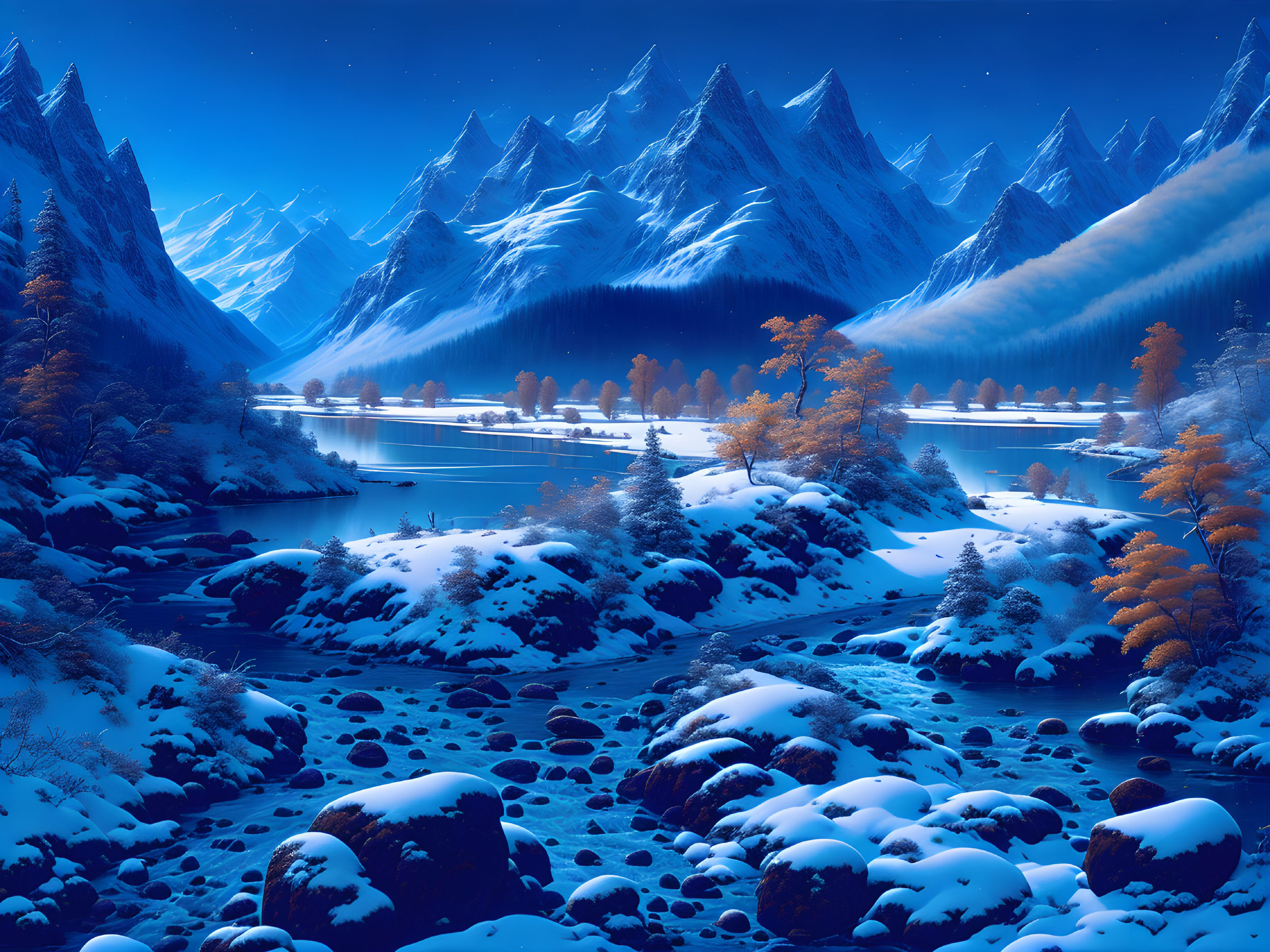 Snow-covered trees, river, mountains under starry sky