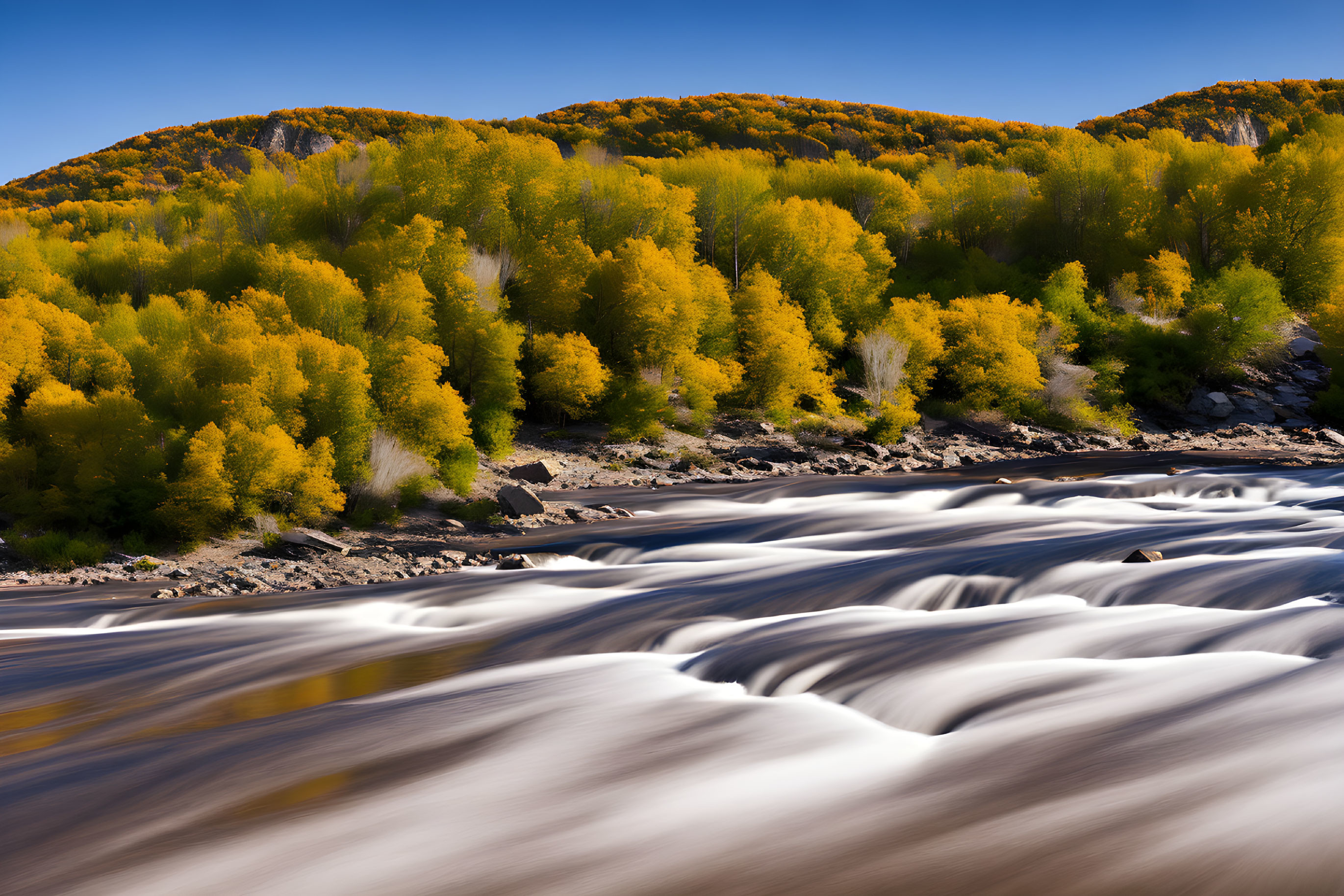 Scenic autumn landscape with yellow aspen trees and flowing river