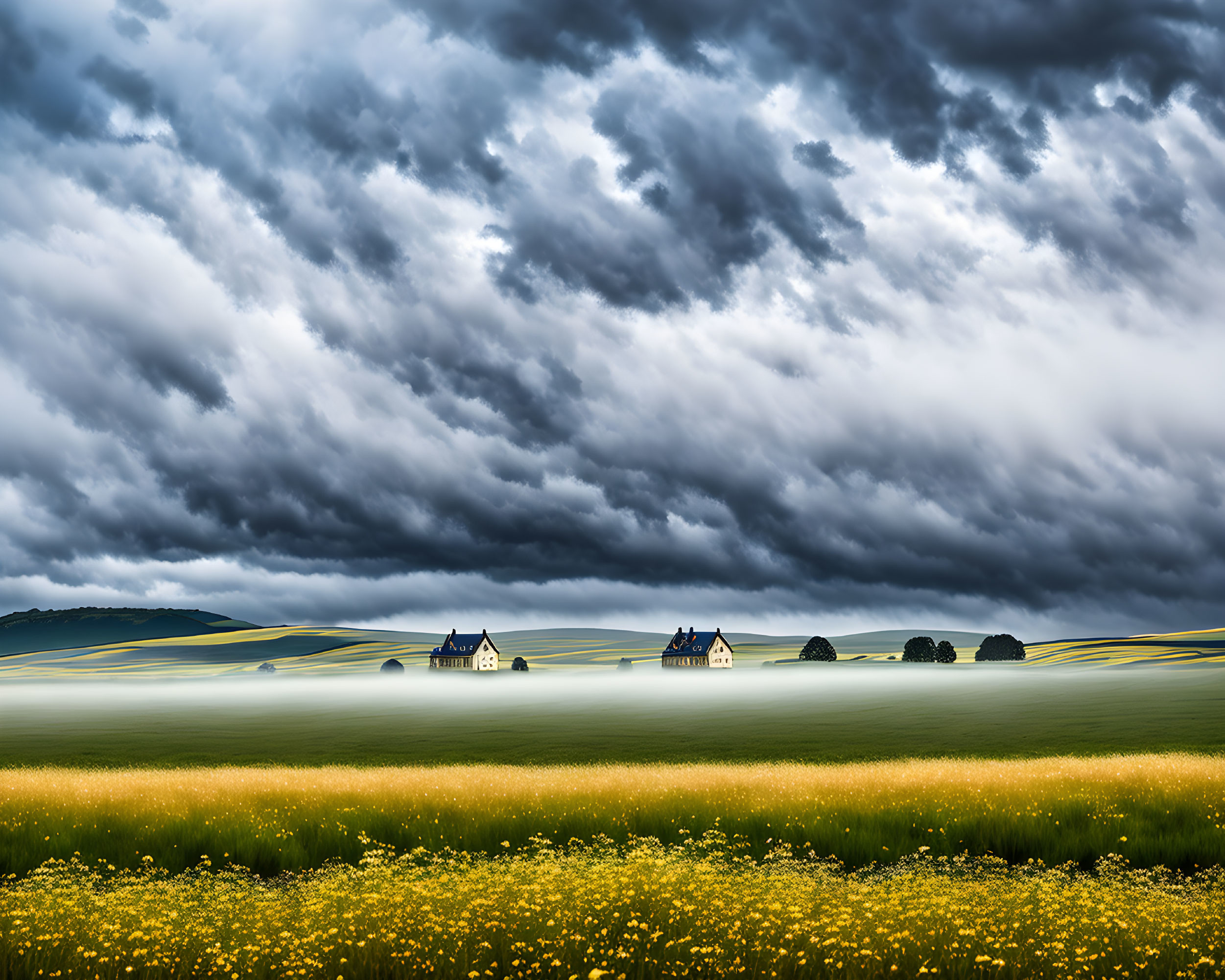 Dramatic landscape: stormy clouds, golden fields, distant houses