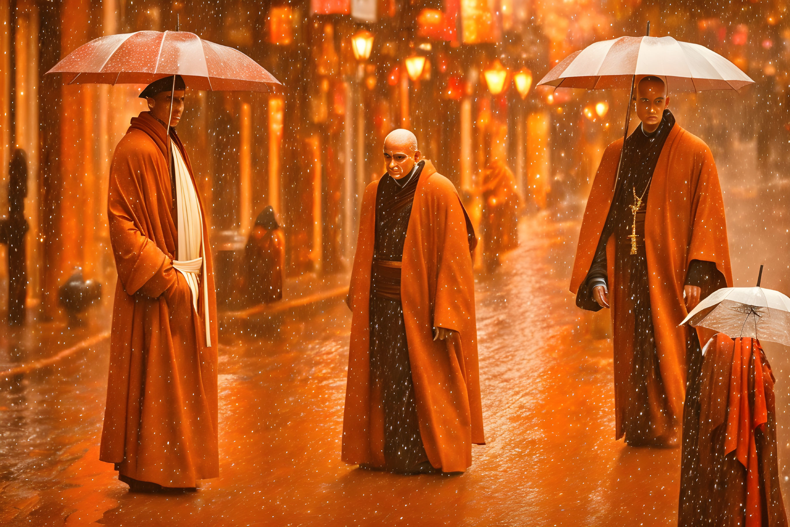 Three monks with umbrellas on wet, illuminated street in falling snow