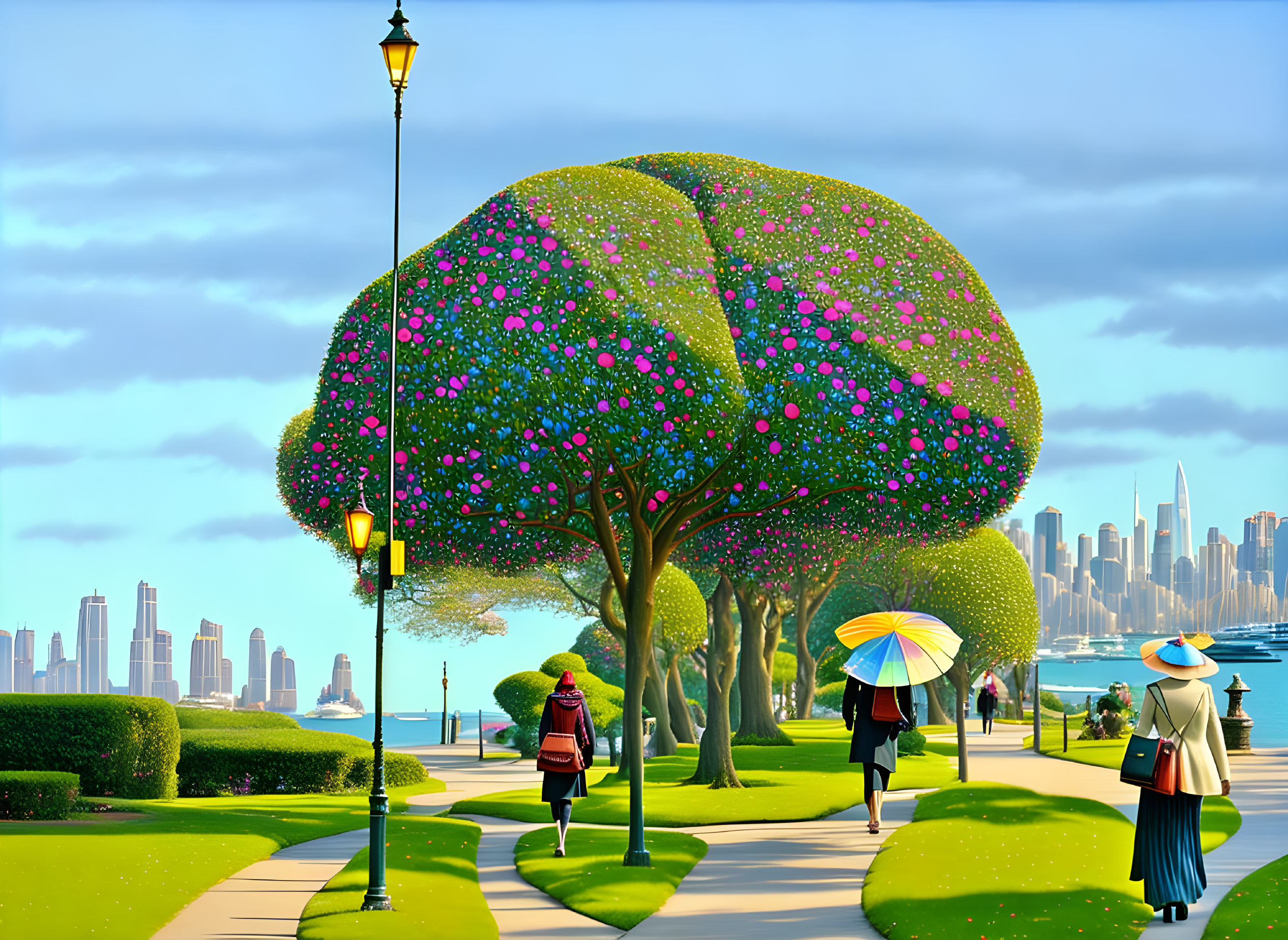 Colorful Blossoming Trees and City Skyline in Vibrant Park Scene