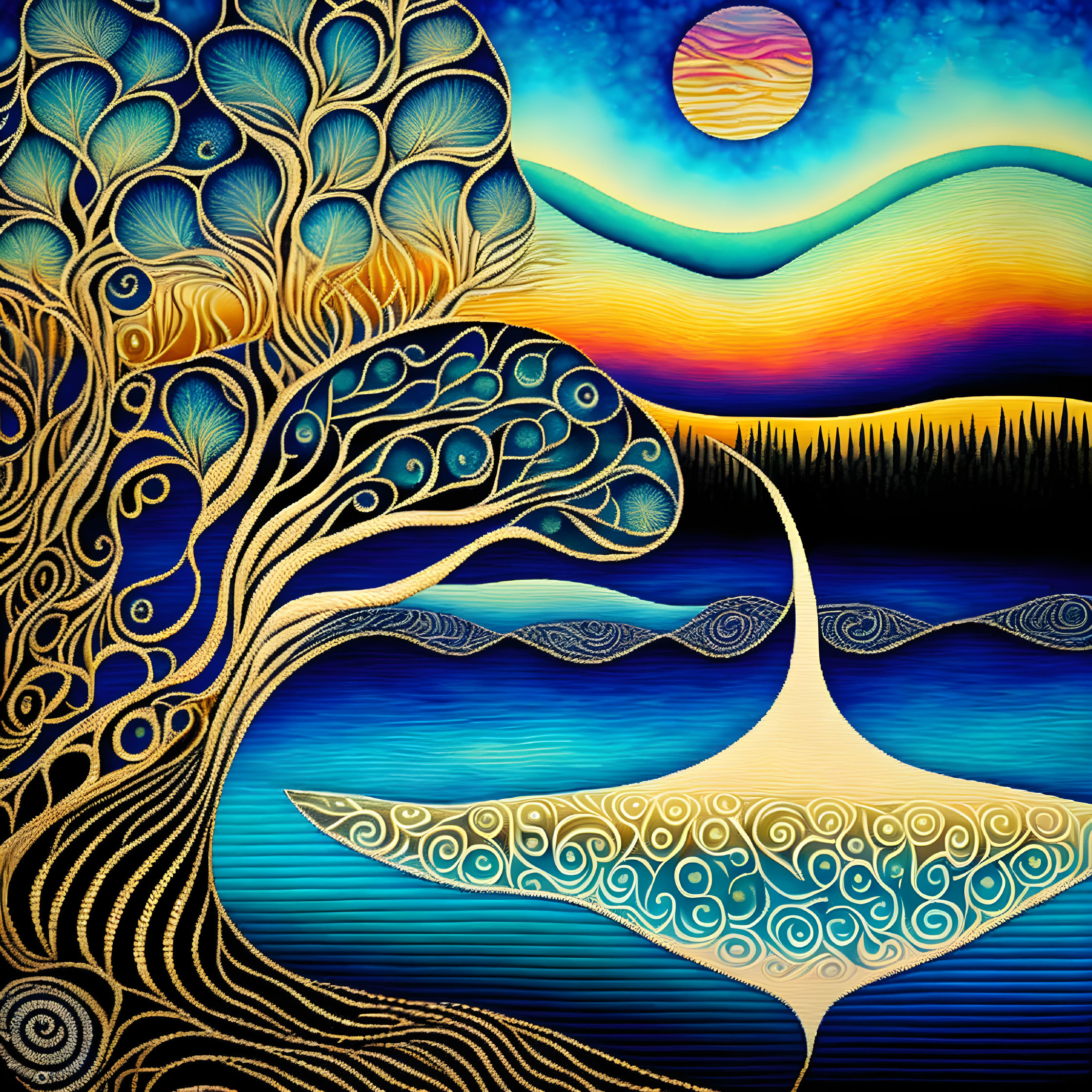 Colorful illustration: Intricate tree against sunset mountain landscape