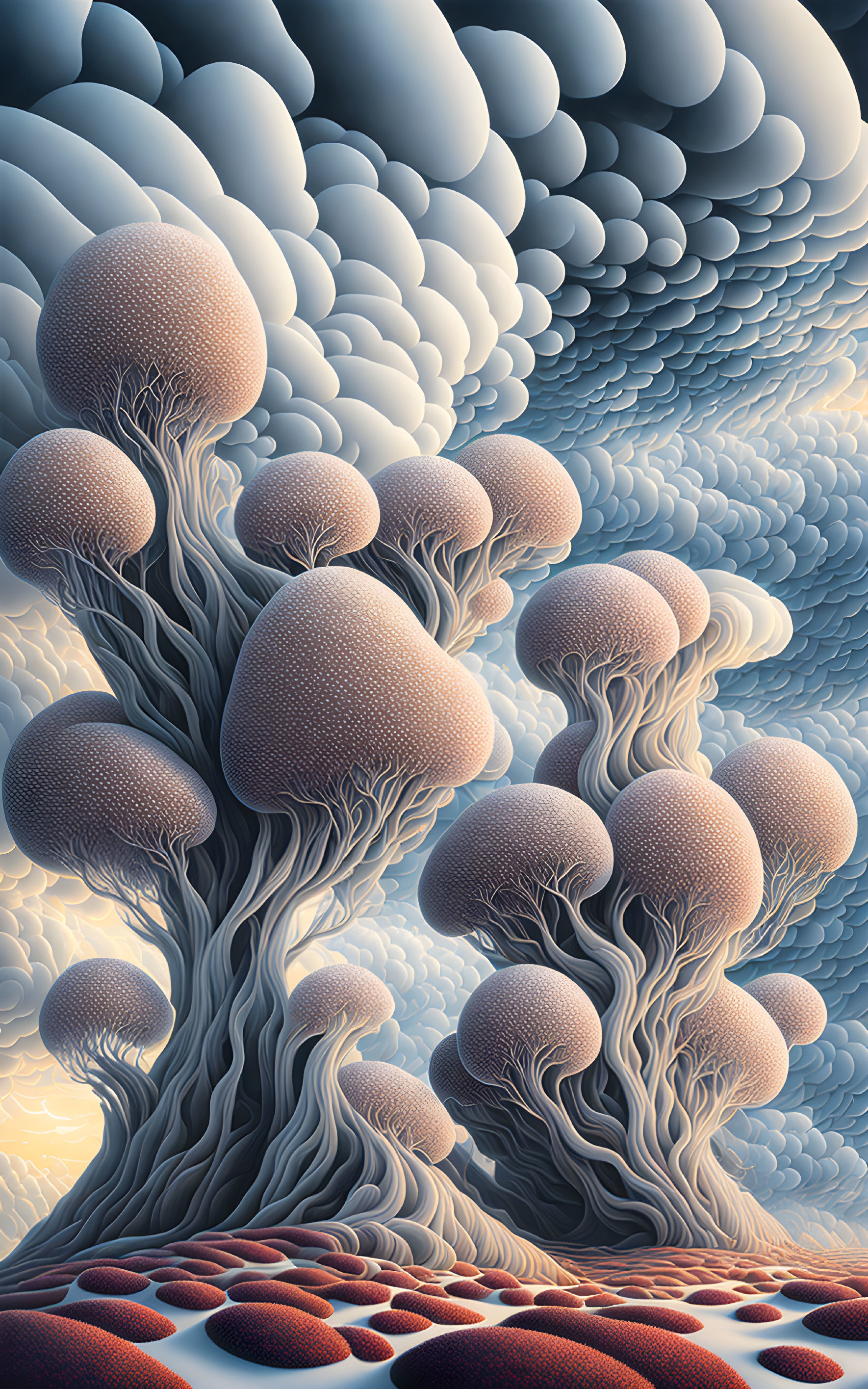 Stylized surreal artwork: rounded canopy trees, cloud-like background