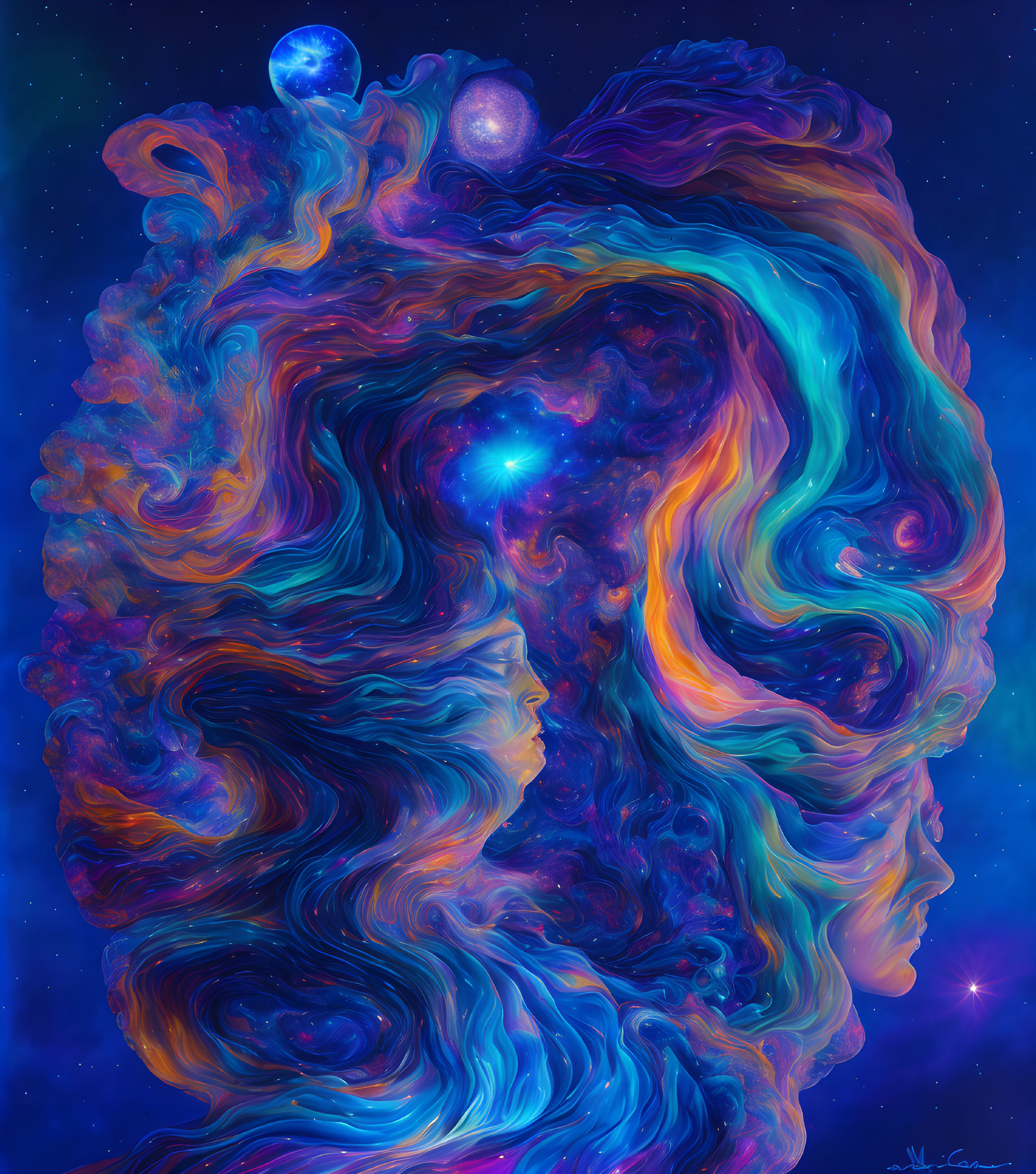 Colorful cosmic artwork: woman's profile in swirling nebula patterns.