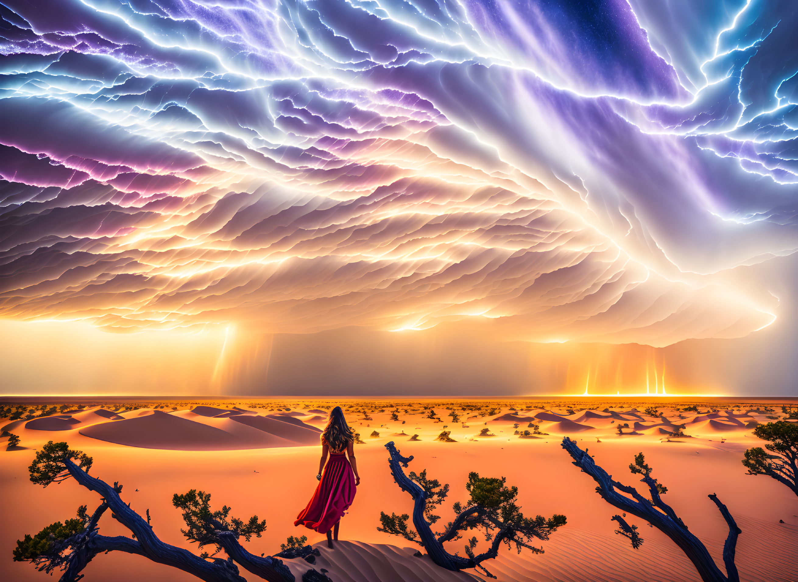 Person in red dress gazes at desert storm with lightning bolts in vibrant purple sky