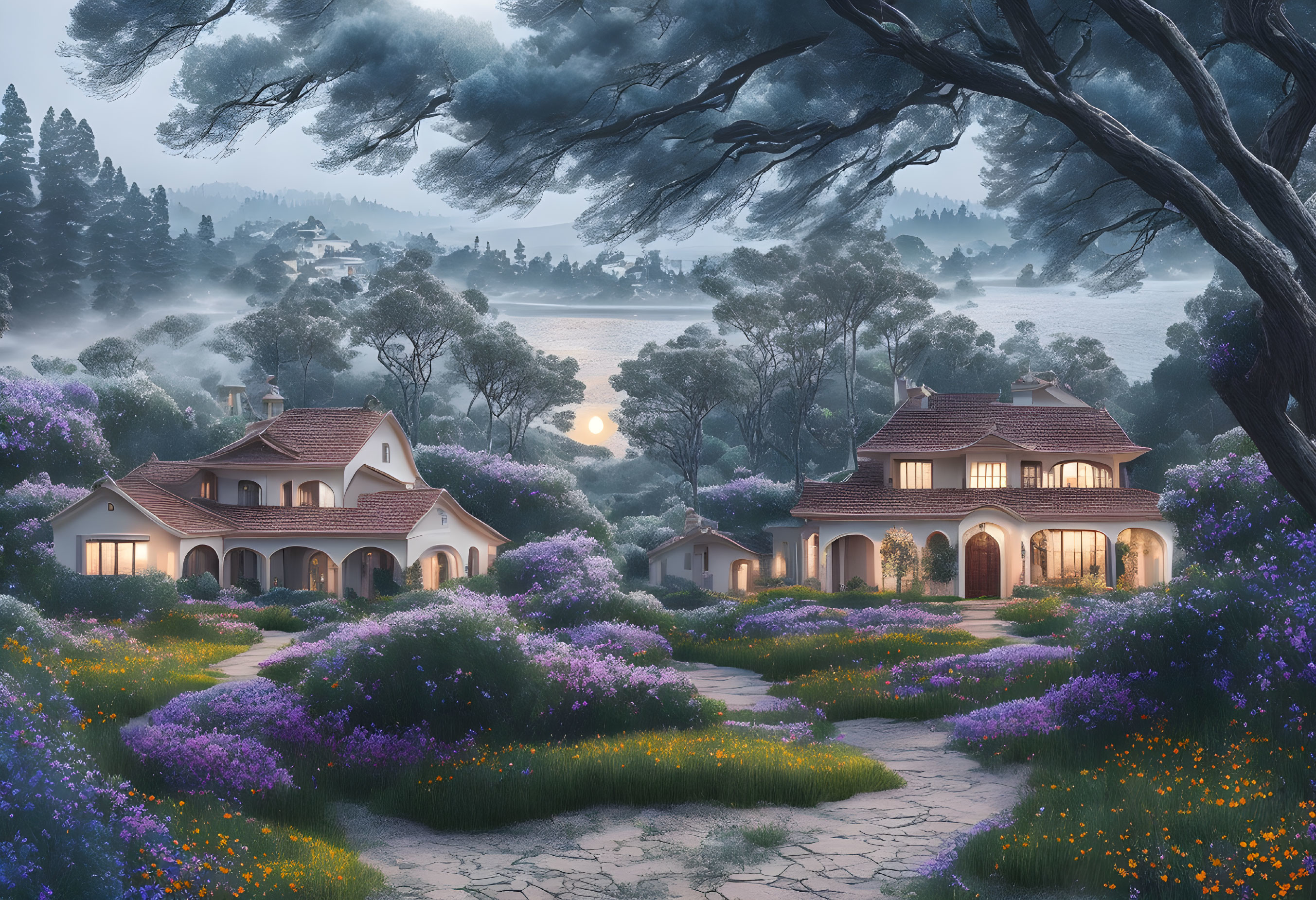 Tranquil villa at twilight with lush gardens and wildflowers