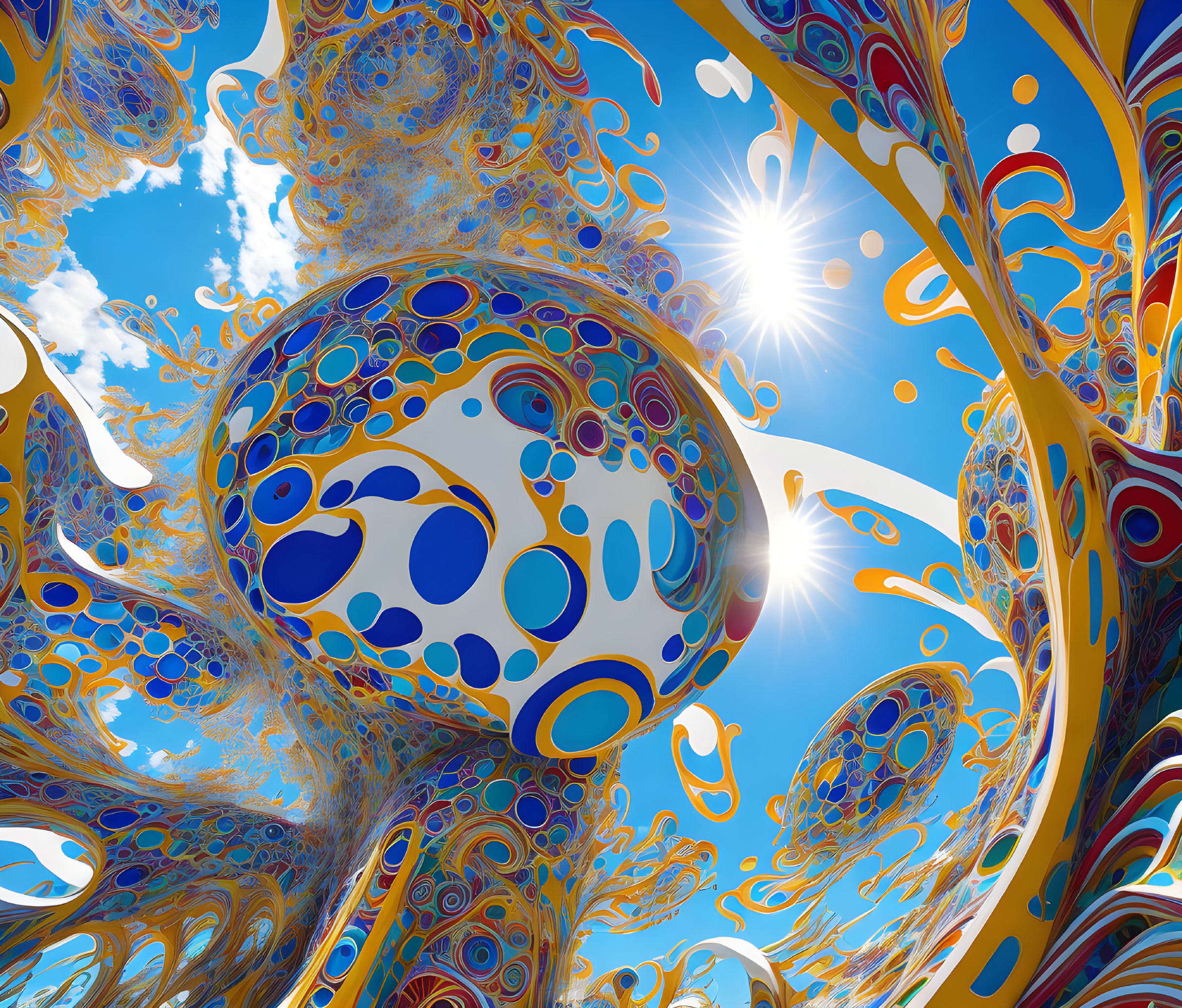 Colorful digital artwork: Floating orb with fractal designs in blue and gold on sunny background