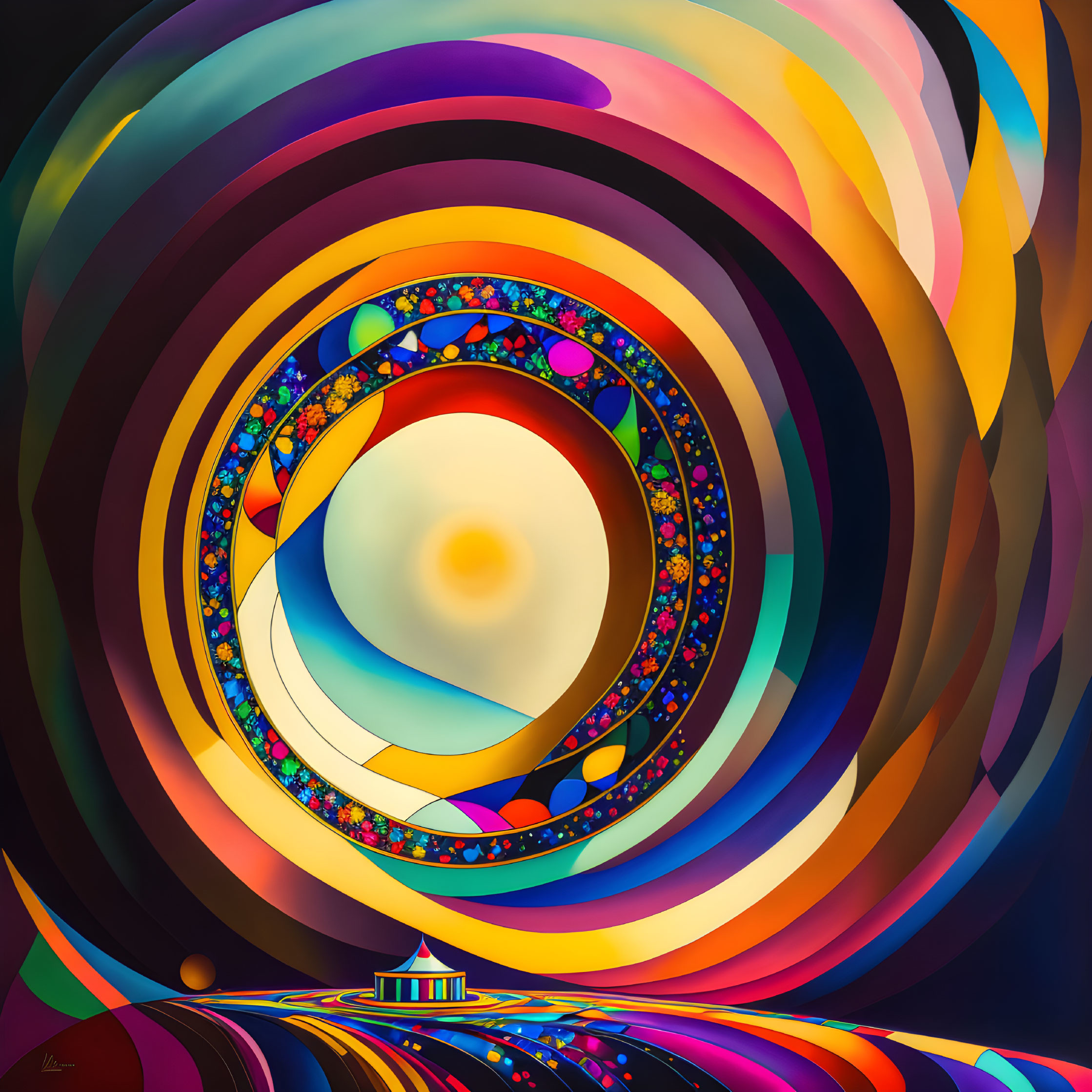 Colorful Abstract Art: Concentric Circles and Luminous Orb on Dark Background