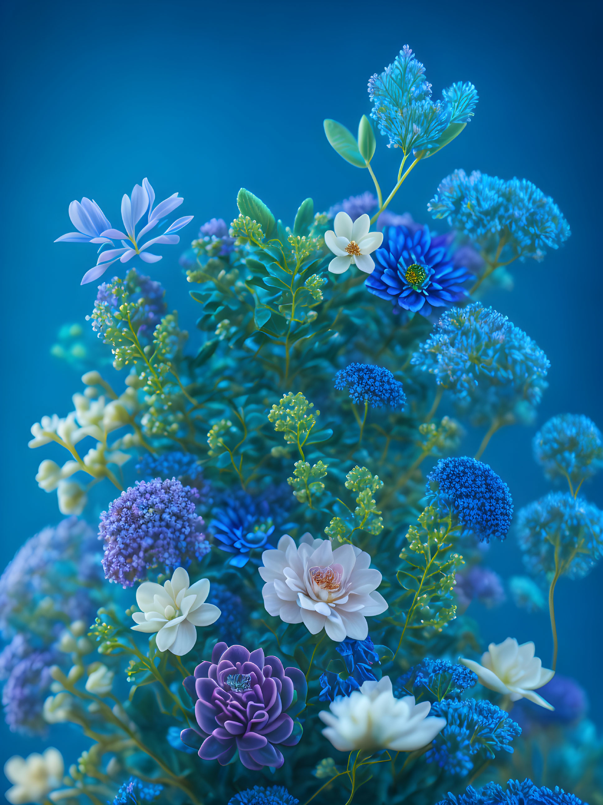 Vibrant blue flowers and foliage on soft blue background