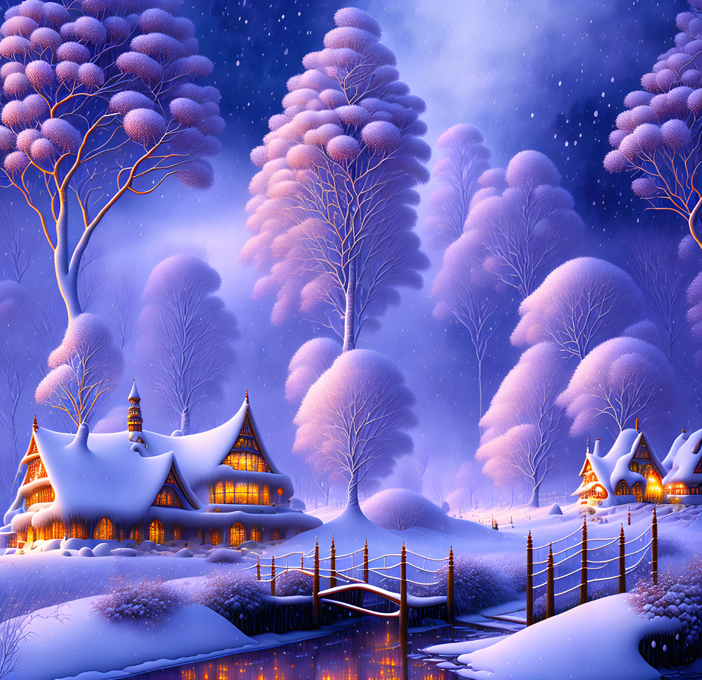 Snow-covered houses and trees under starry sky with gentle snowfall and warm lights