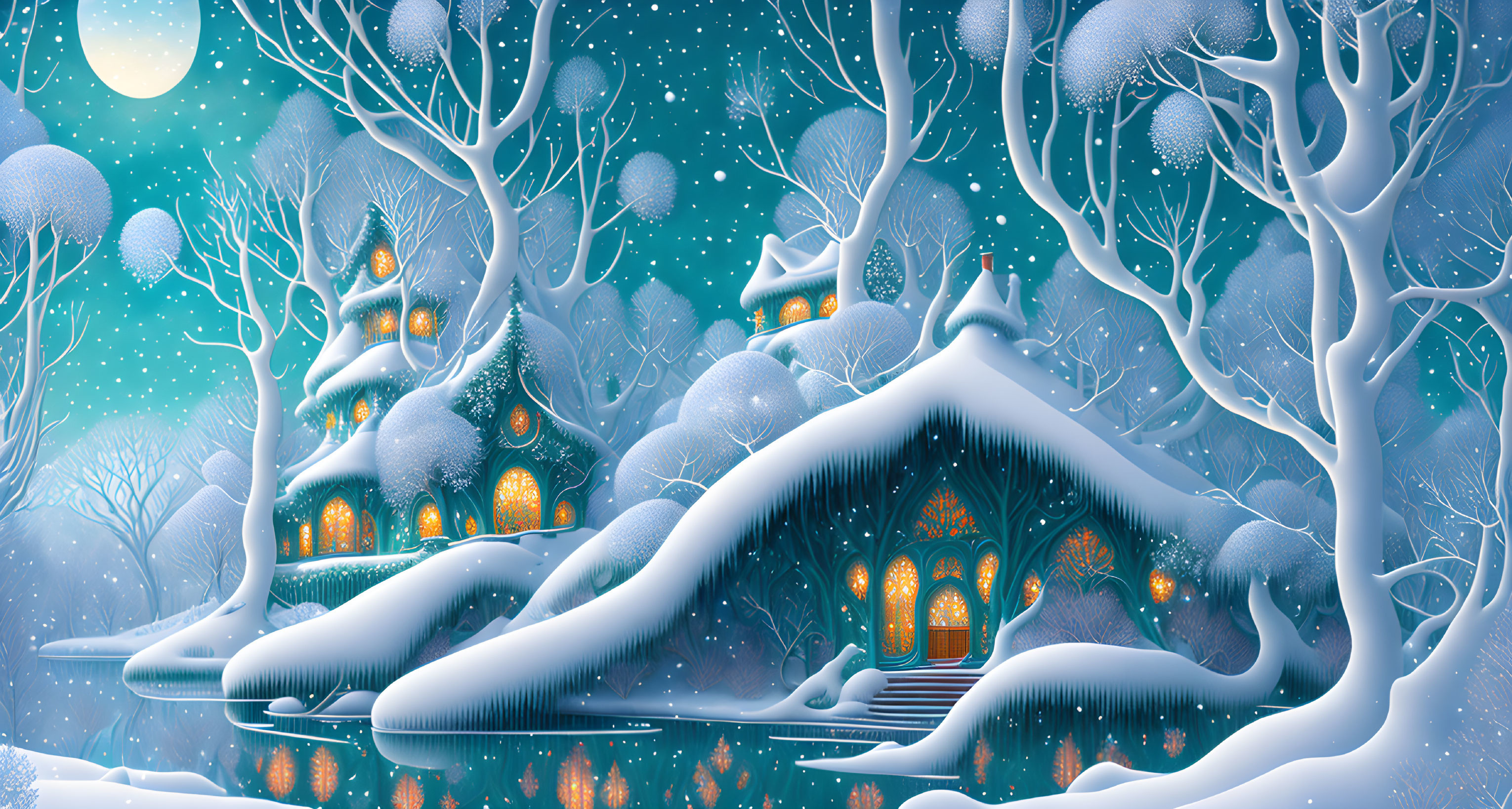 Snow-covered trees and cozy cottage in serene winter night scene