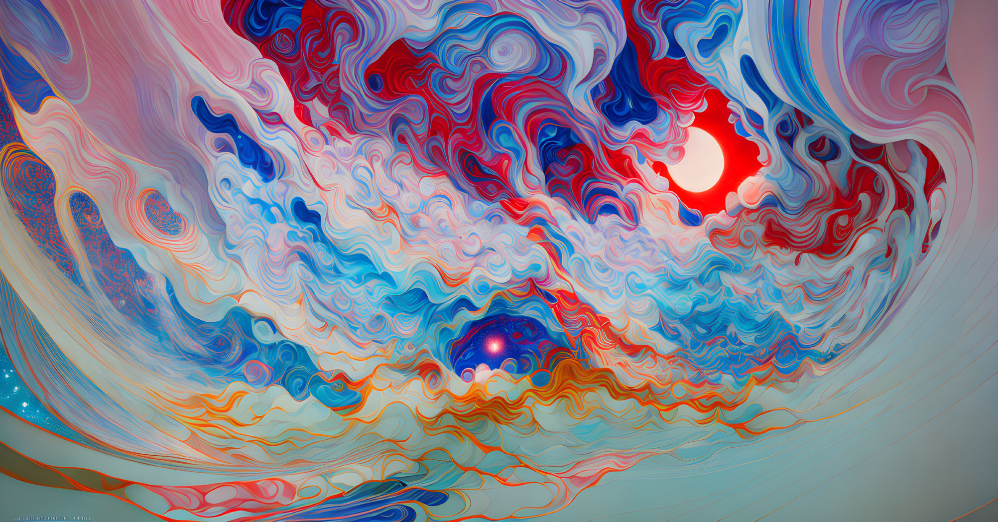 Abstract Digital Artwork: Swirling Blue, Red, and Orange Patterns