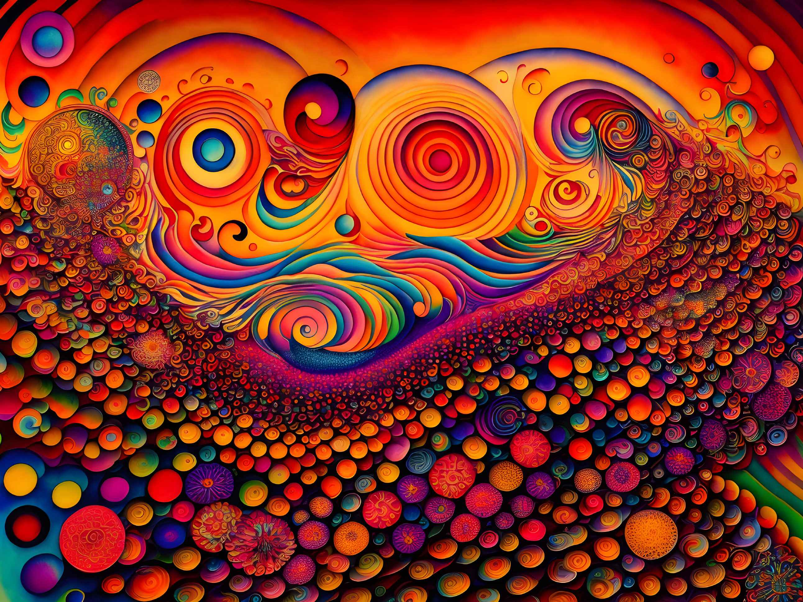 Colorful Psychedelic Artwork with Swirling Patterns and Concentric Circles