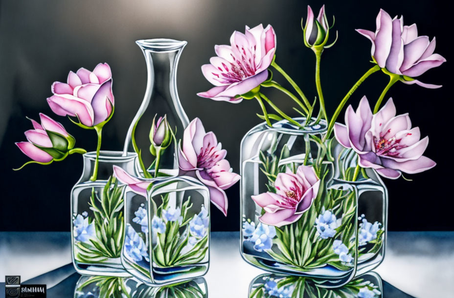 Delicate pink and blue flowers in glass vases on dark reflective background