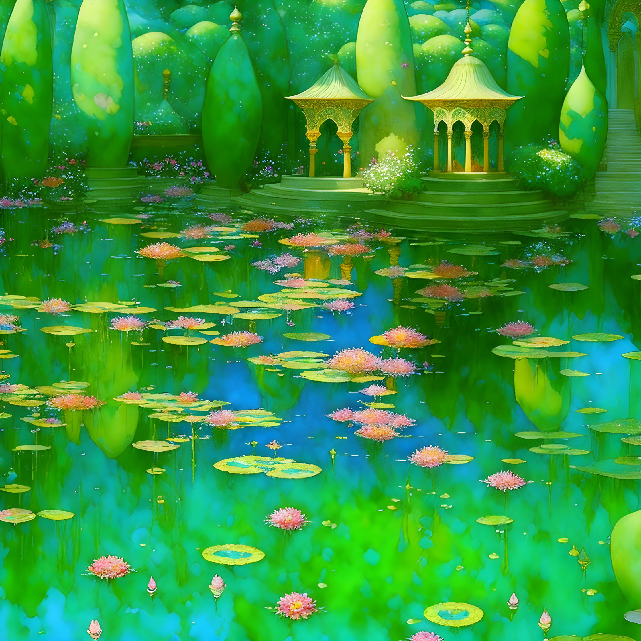 Serene Fantasy Landscape with Pink Lotus Flowers