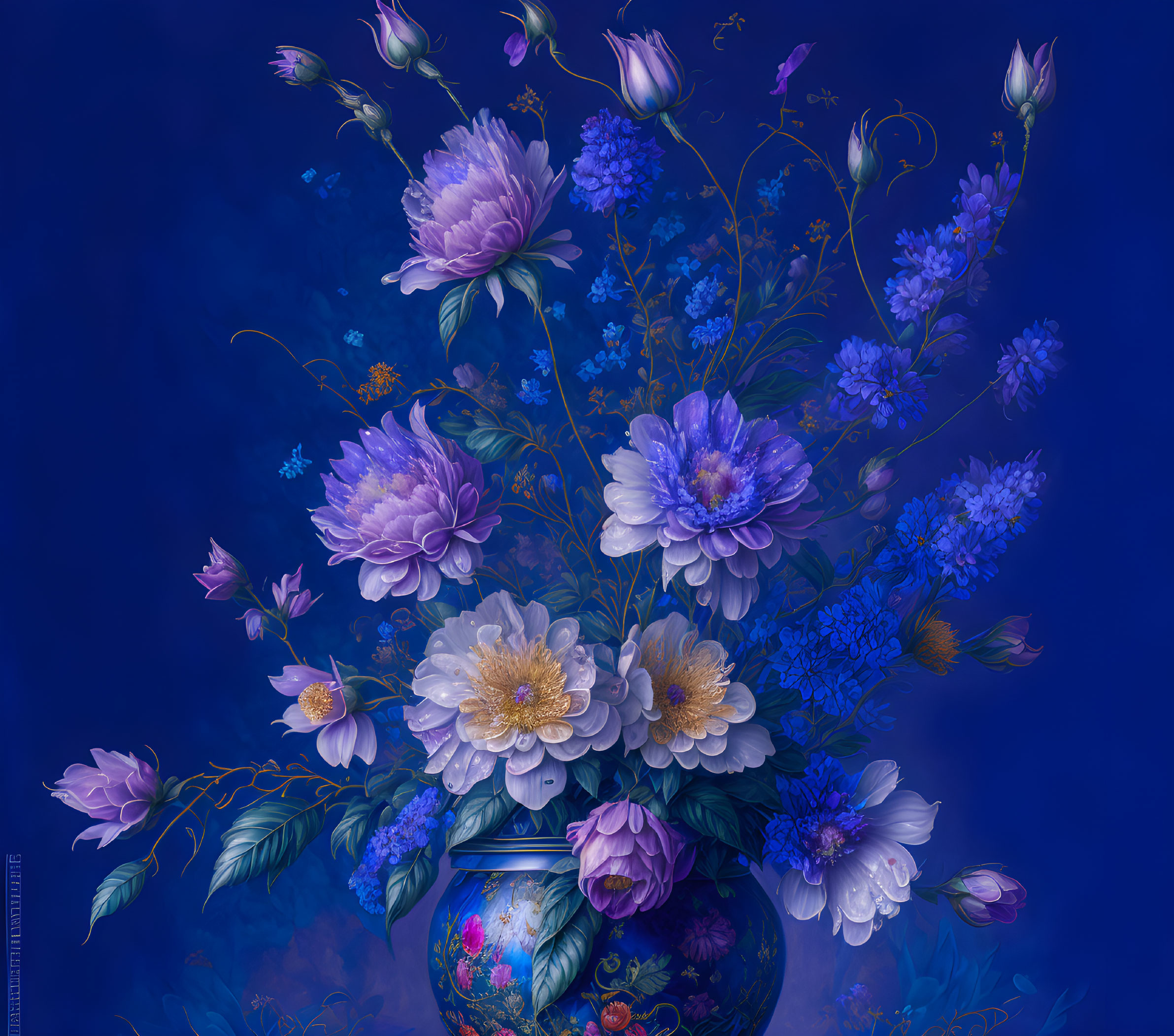 Colorful Purple and White Flowers in Decorative Vase on Blue Background