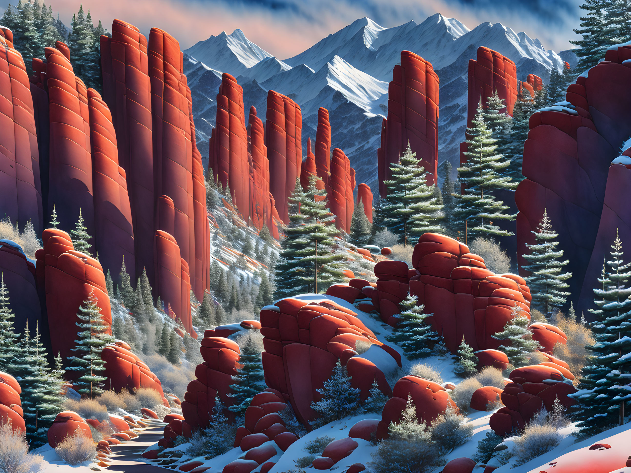 Snow-covered red rock formations and conifers in winter landscape.