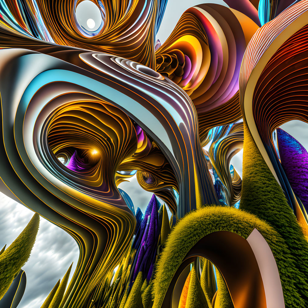 Colorful digital artwork: swirling shapes with textured surfaces on cloudy sky