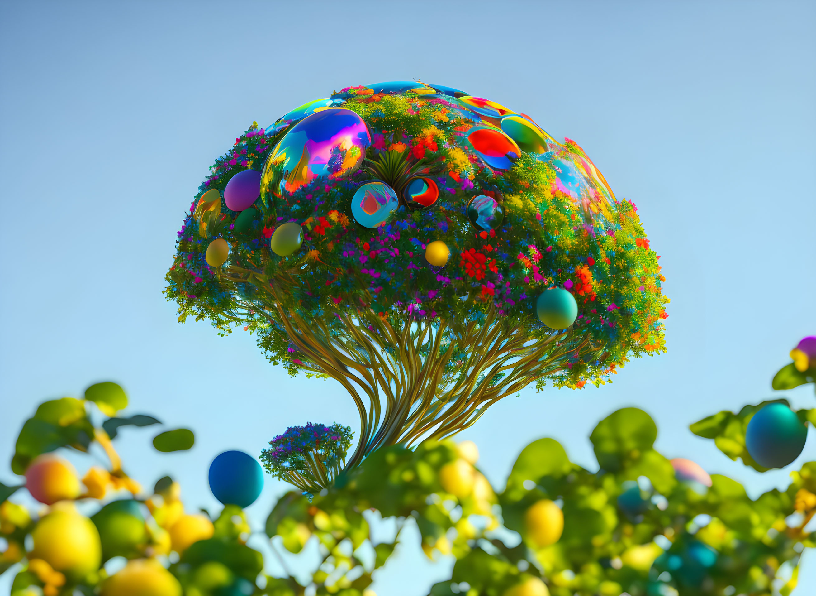 Colorful 3D-rendered tree with shiny bubbles in blue sky