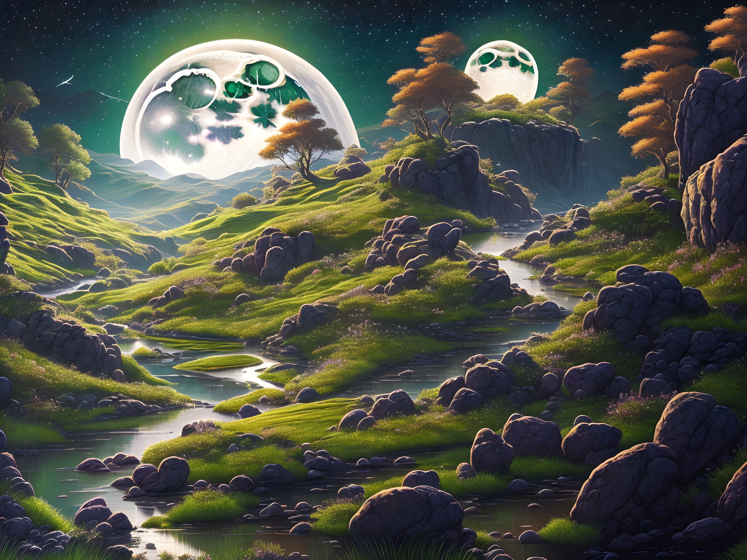 Enchanting night scene with green valley, stream, and dual moons