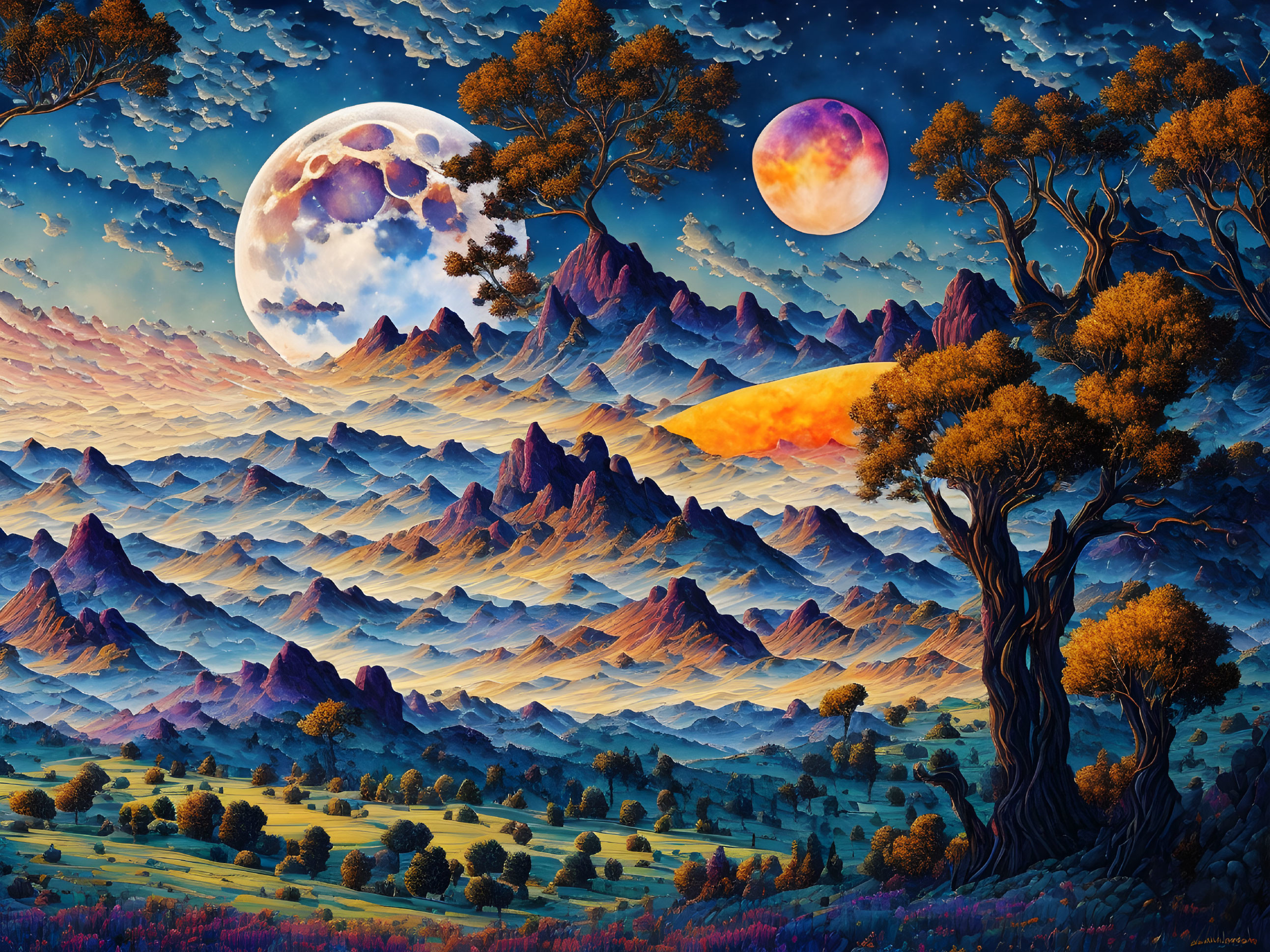 Surreal landscape with layered mountains and two moons