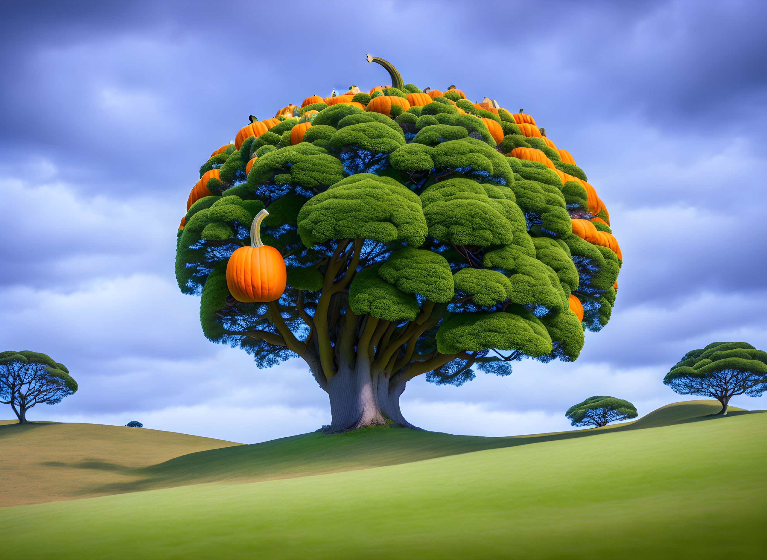 Whimsical tree with oversized pumpkins in green canopy on grassy landscape